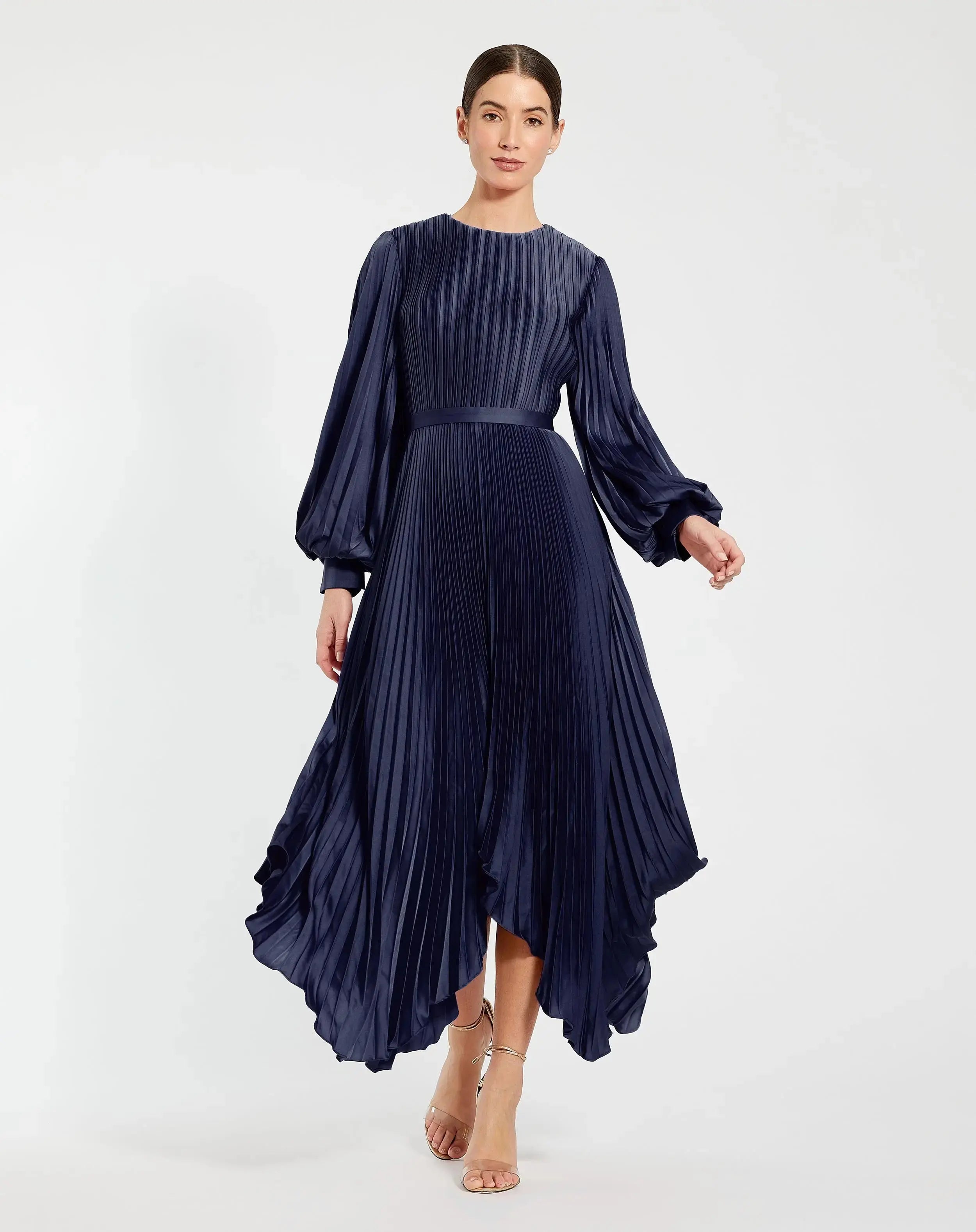 Long Sleeve Pleated Charmeuse Handkerchief Dress-Myartka