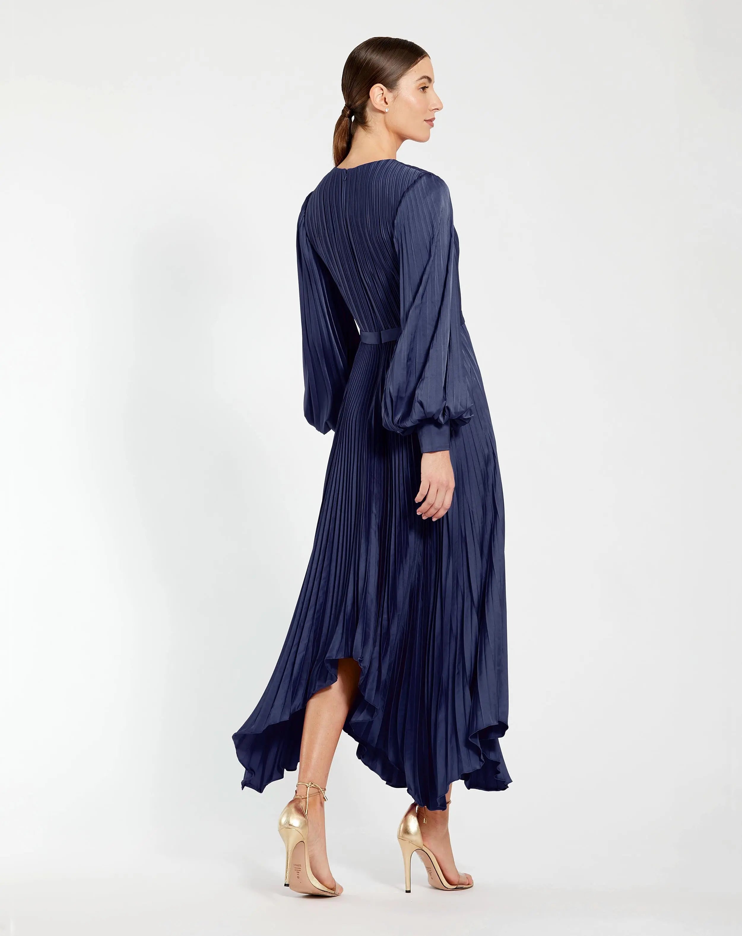 Navy Long Sleeve Pleated Charmeuse Handkerchief Dress-Myartka