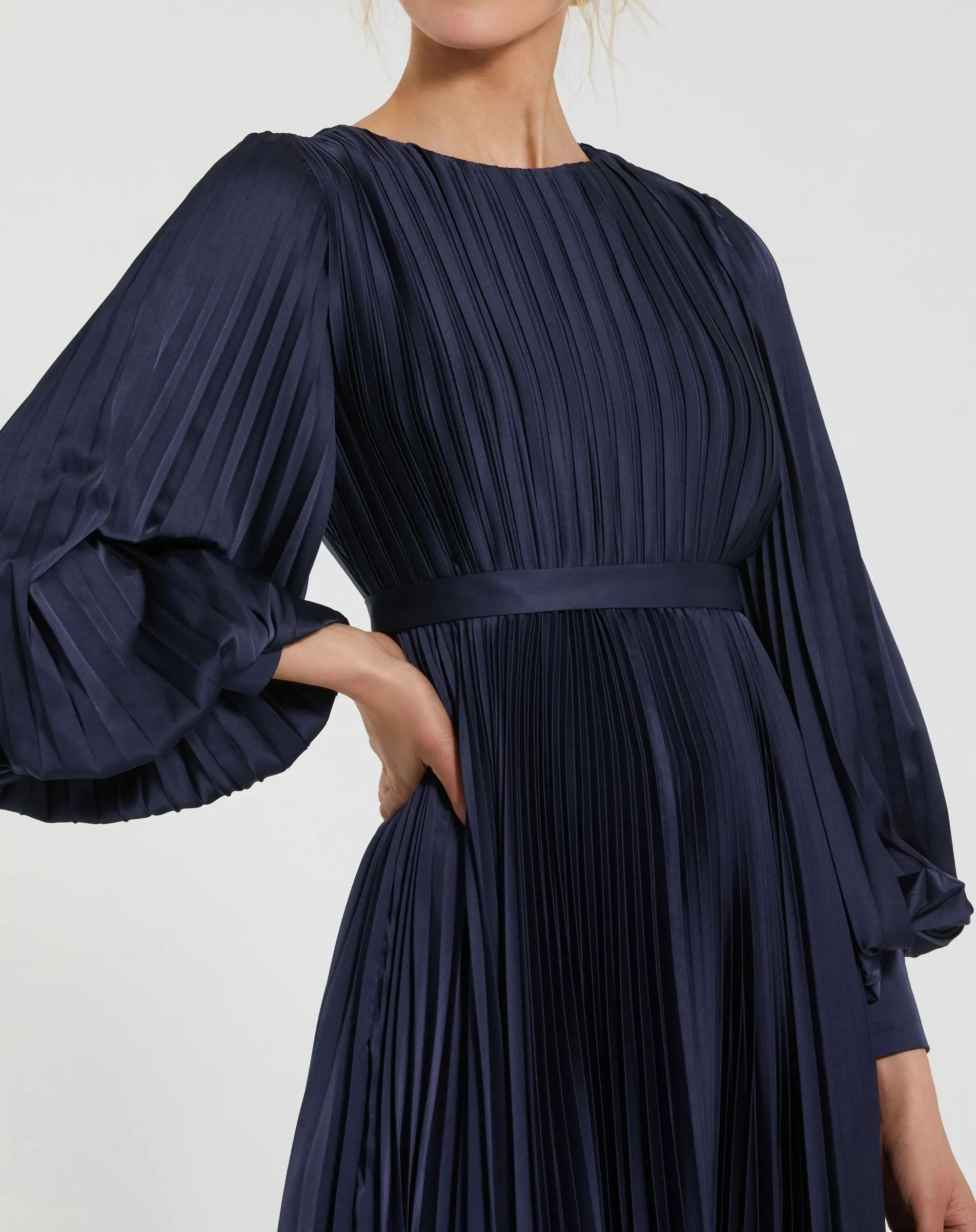 Navy Long Sleeve Pleated Charmeuse Handkerchief Dress-Myartka