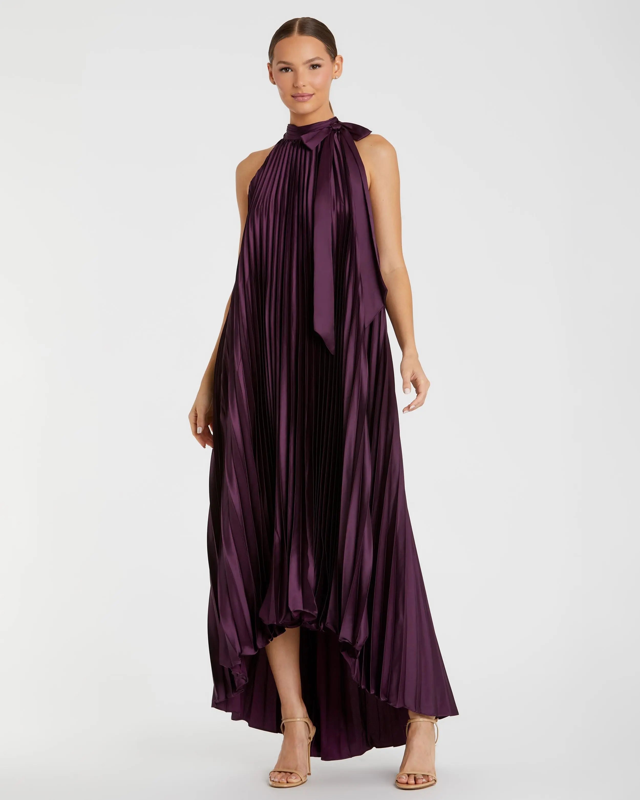 Purple Pleated Halter Neck High Low Gown-Myartka