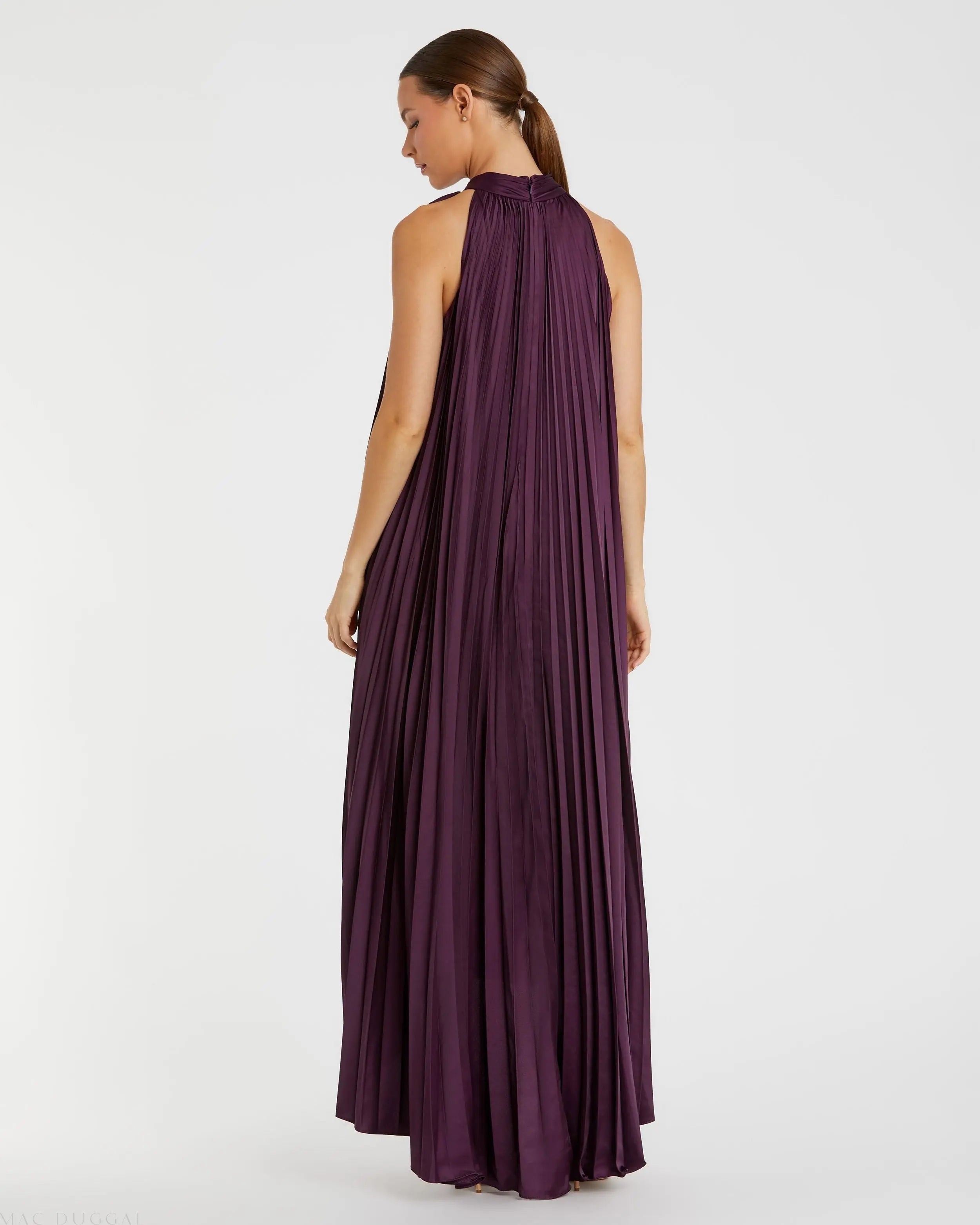 Purple Pleated Halter Neck High Low Gown-Myartka