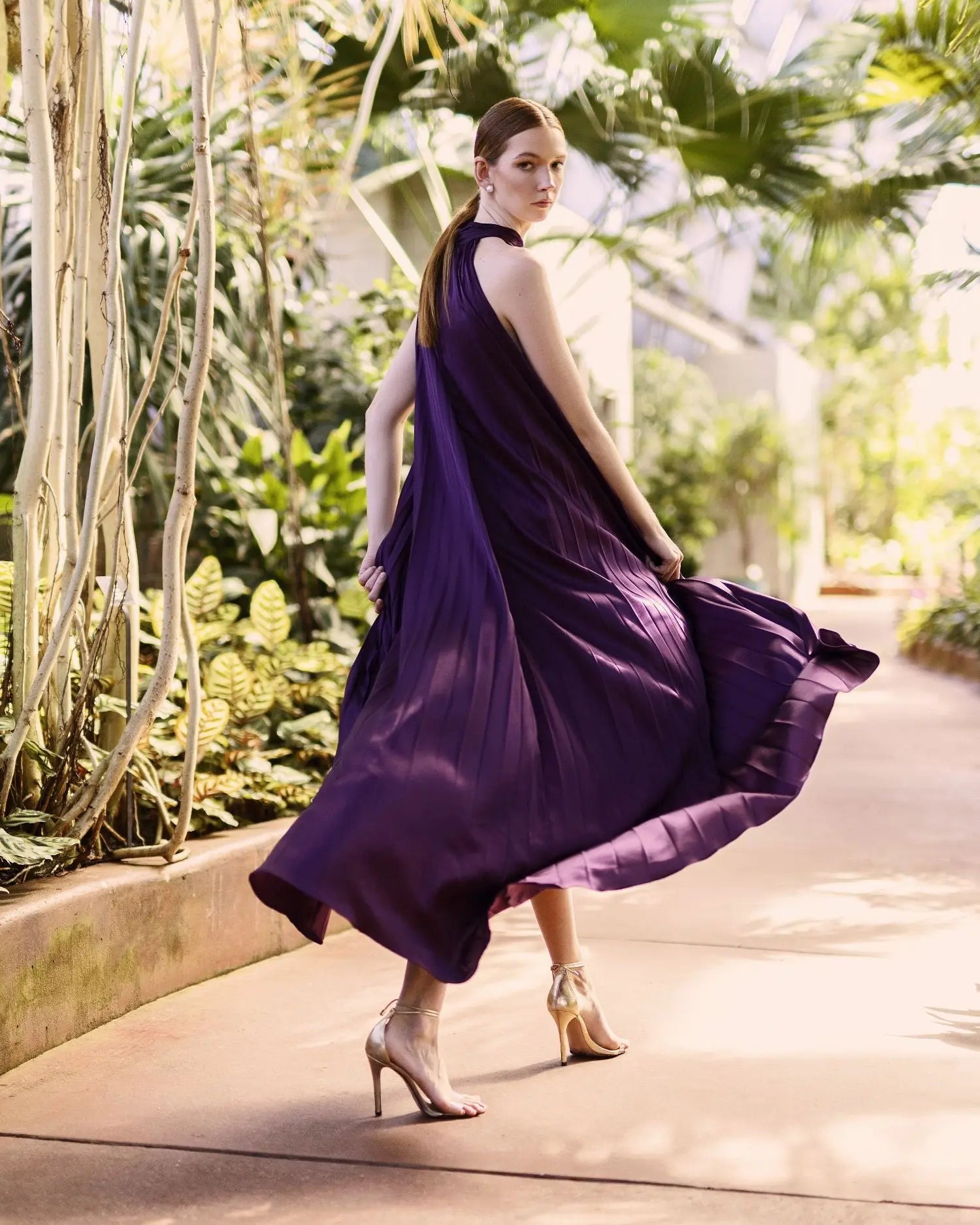 Purple Pleated Halter Neck High Low Gown-Myartka