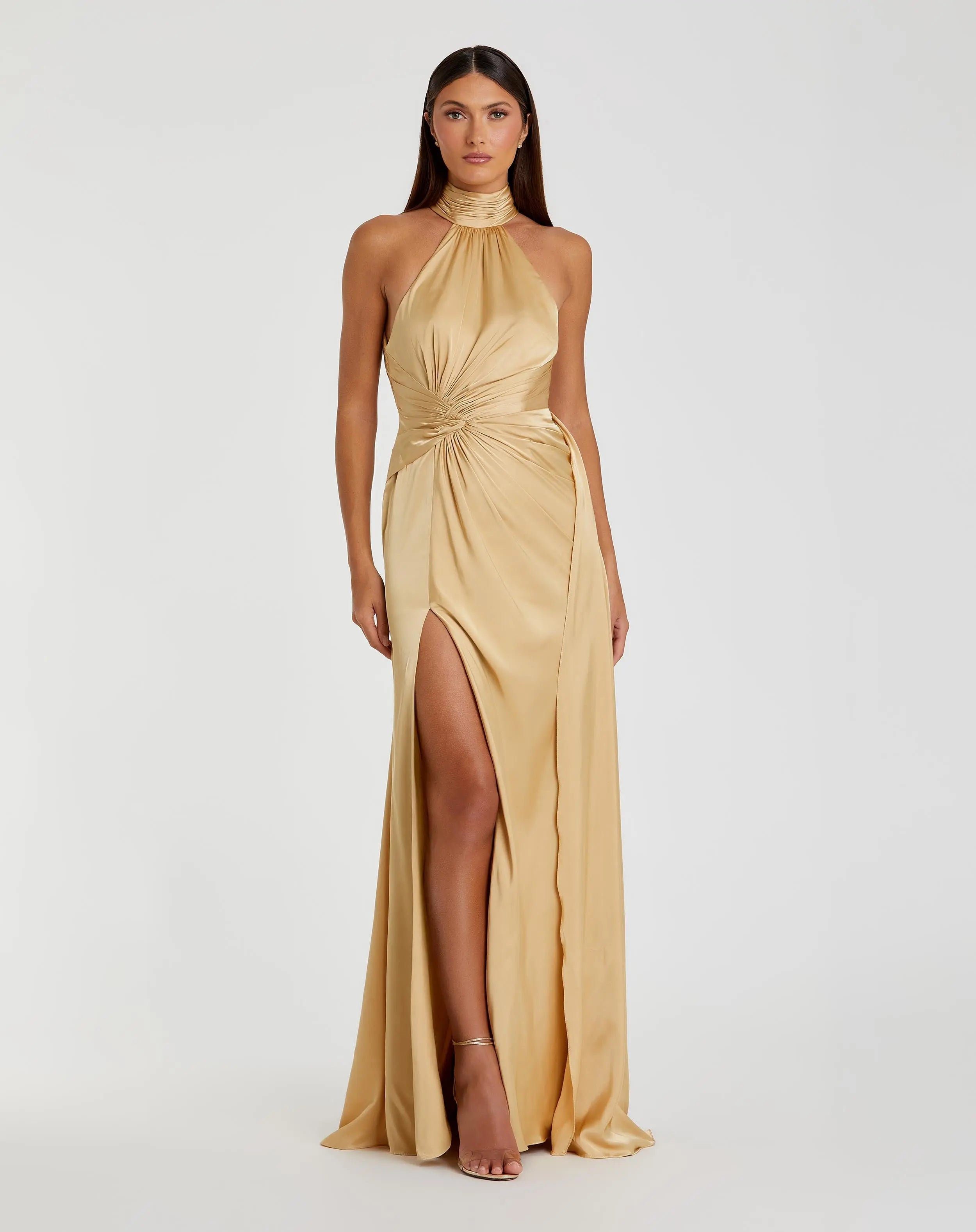 Gold Open Back High Neck Side Ruched Gown-Myartka
