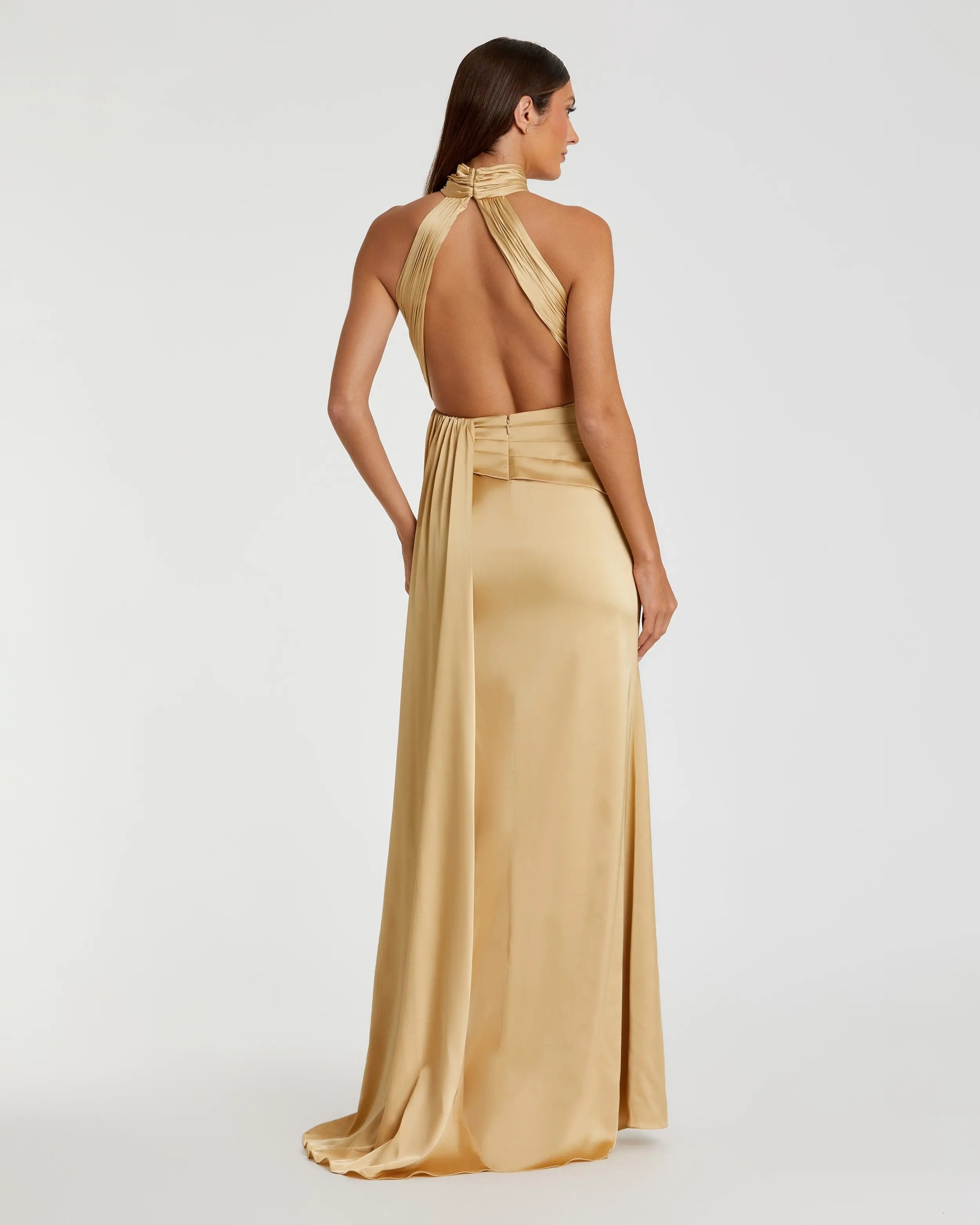 Gold Open Back High Neck Side Ruched Gown-Myartka