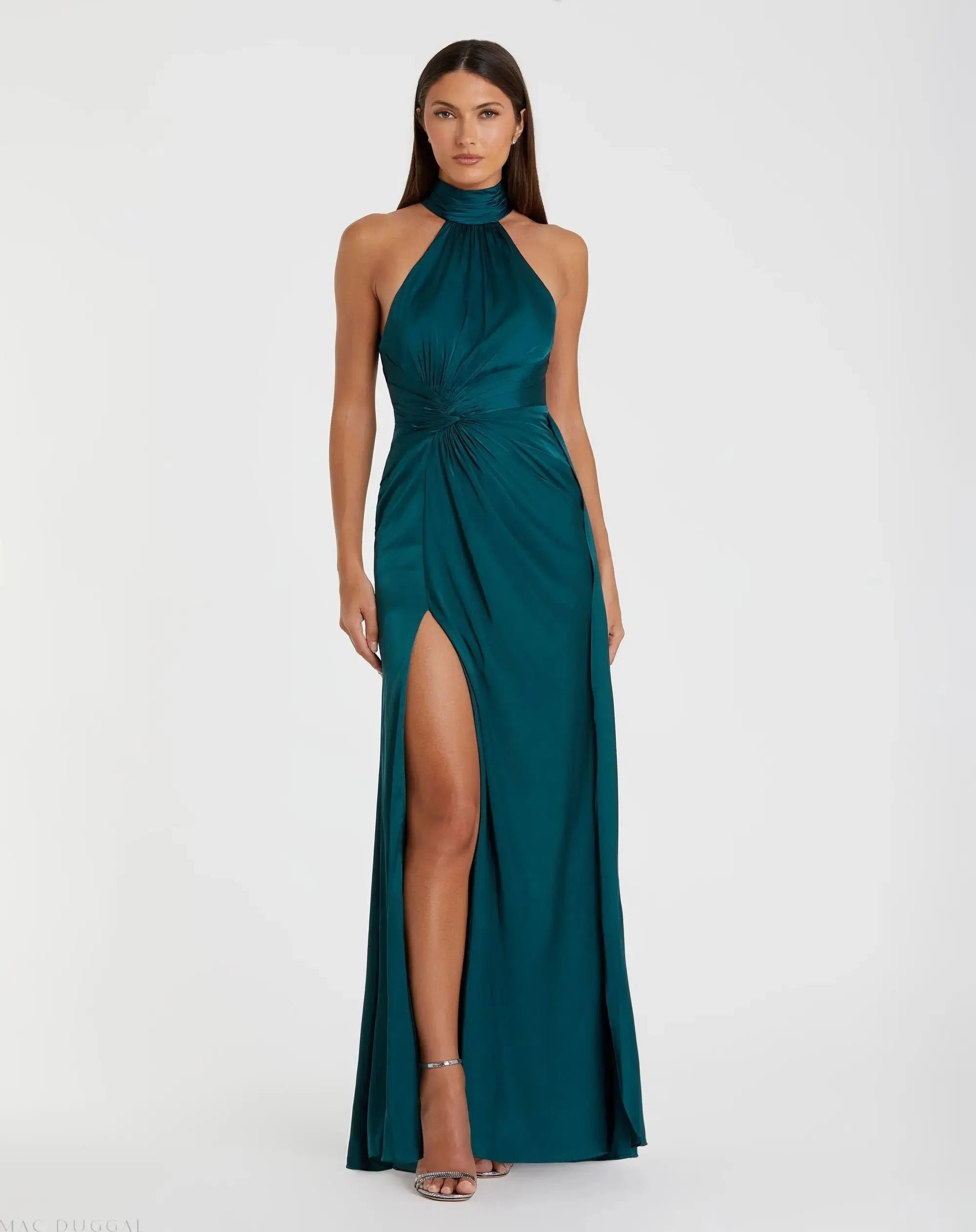 Blue Open Back High Neck Side Ruched Gown-Myartka