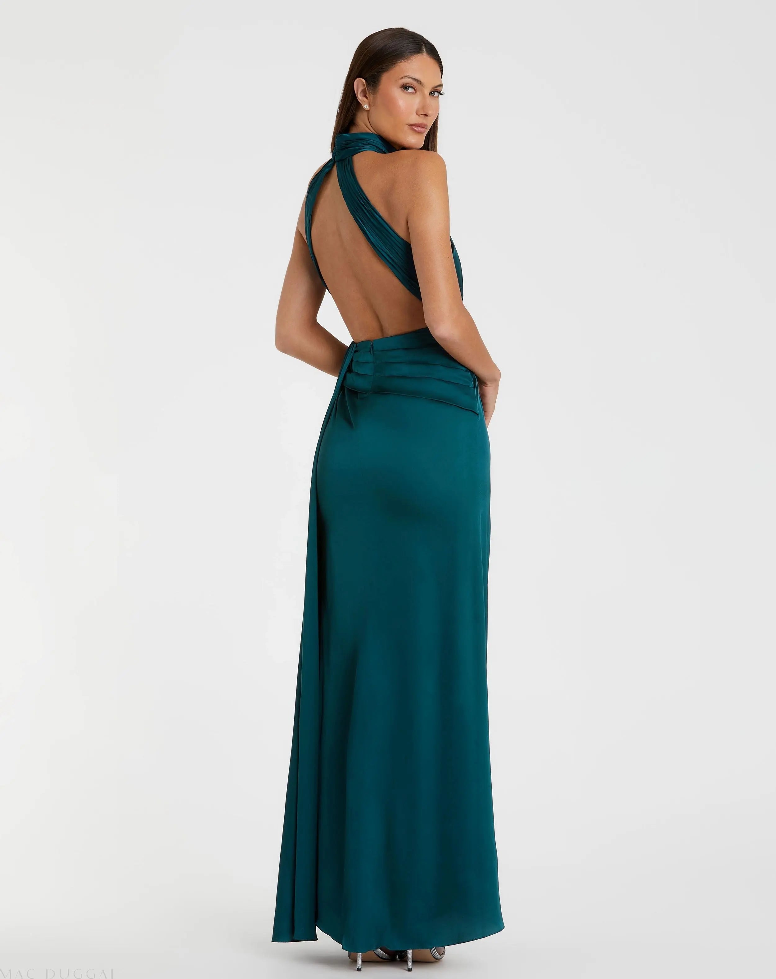 Blue Open Back High Neck Side Ruched Gown-Myartka