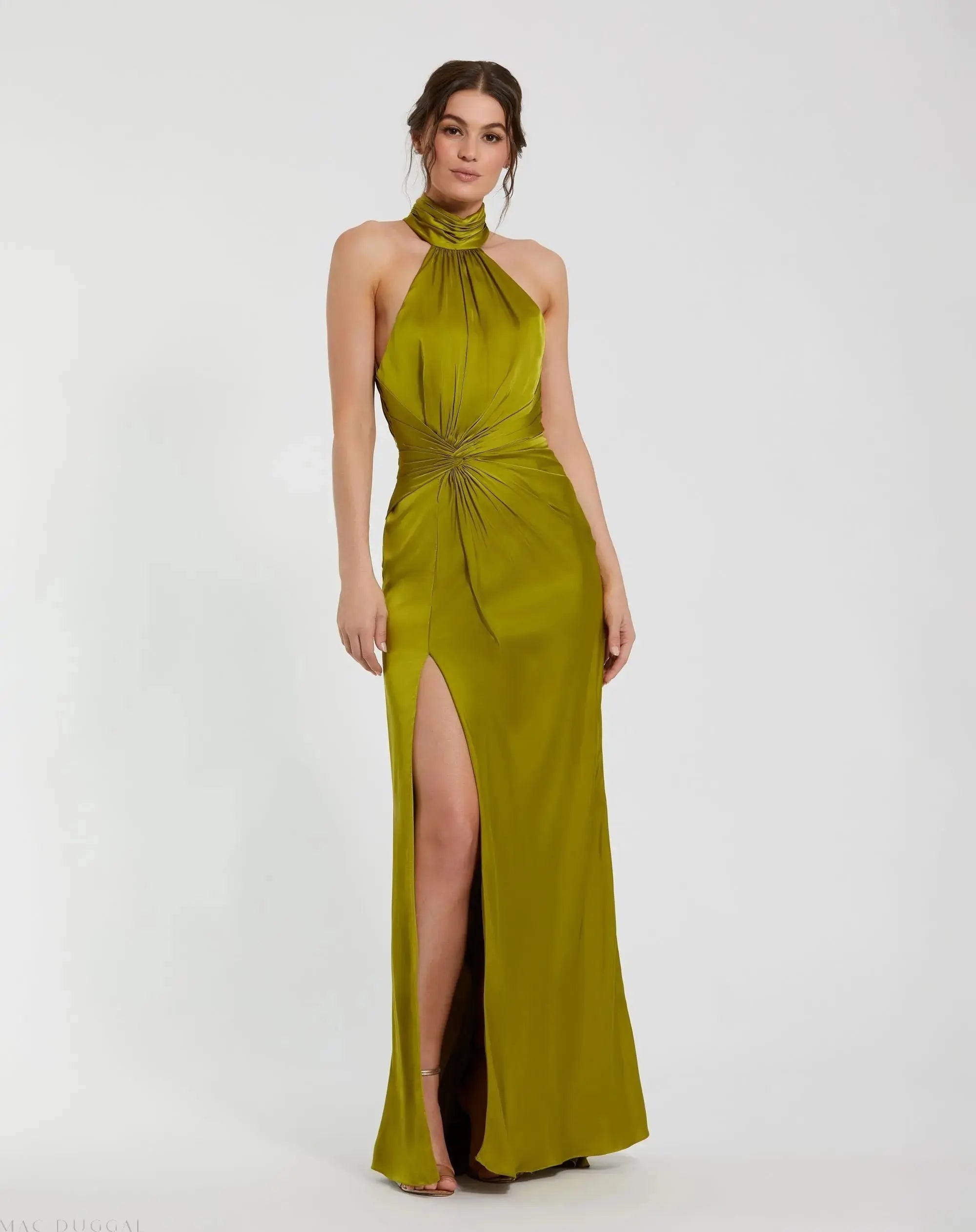 Dark Green Open Back High Neck Side Ruched Gown-Myartka