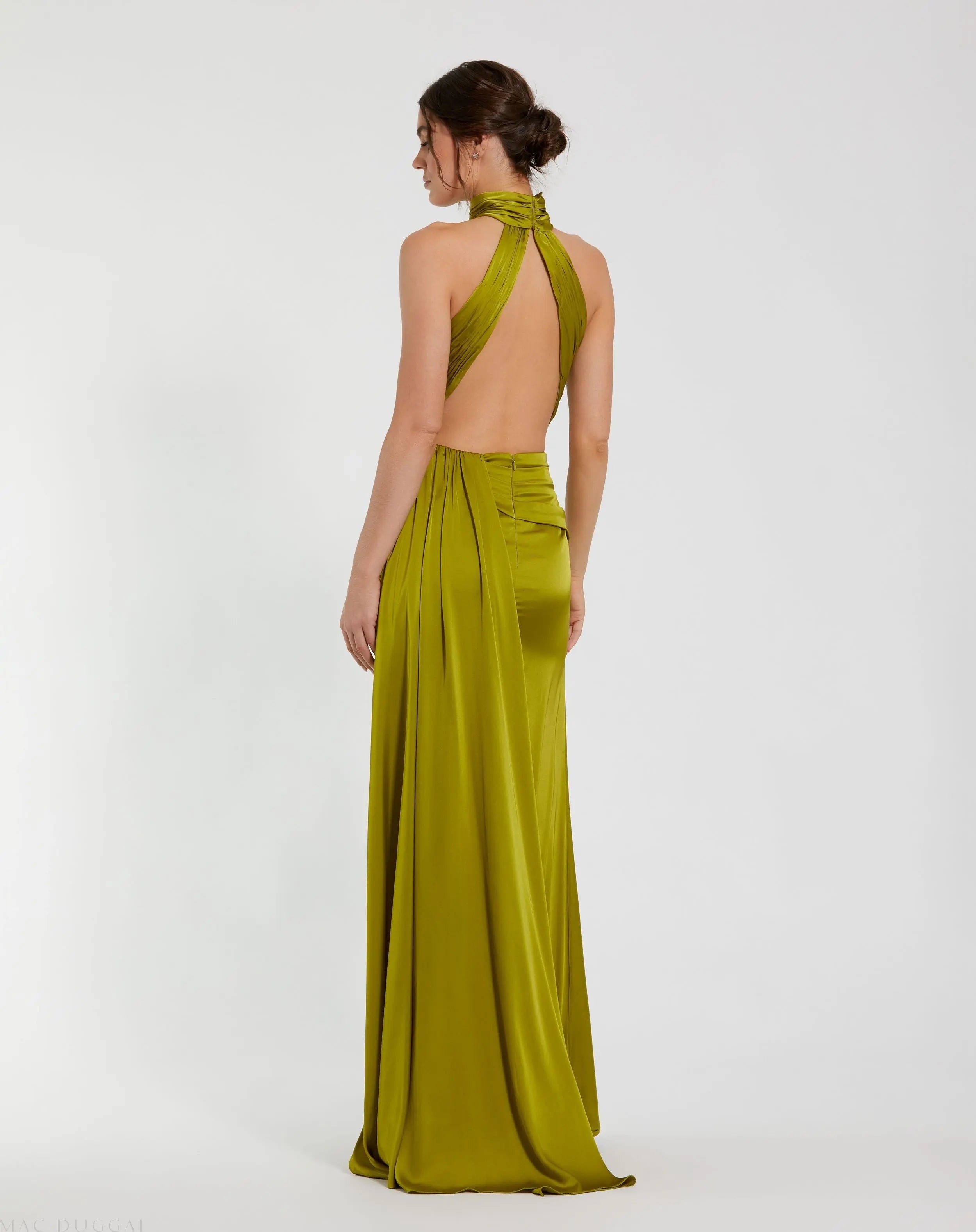 Dark Green Open Back High Neck Side Ruched Gown-Myartka