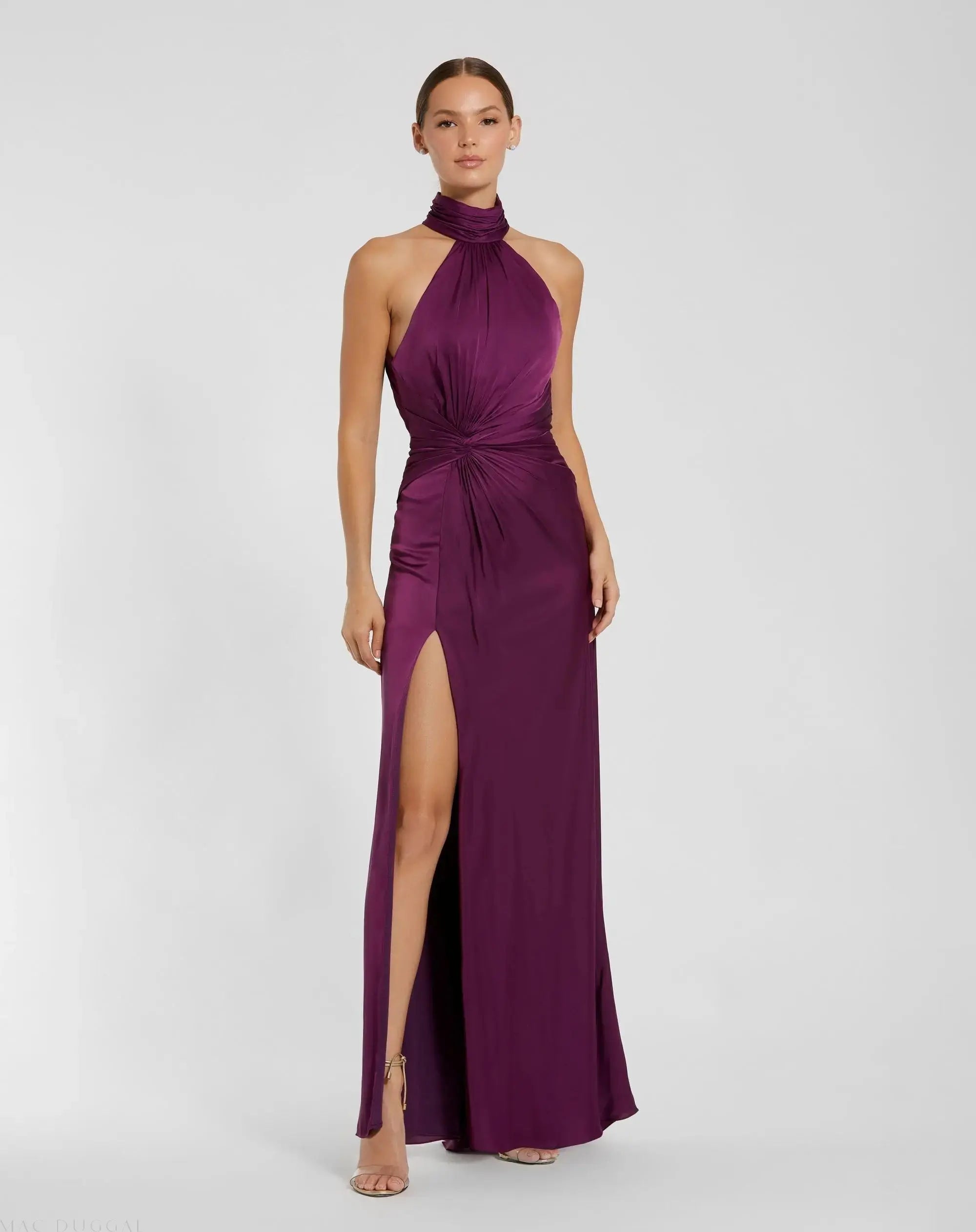 Purple Open Back High Neck Side Ruched Gown-Myartka