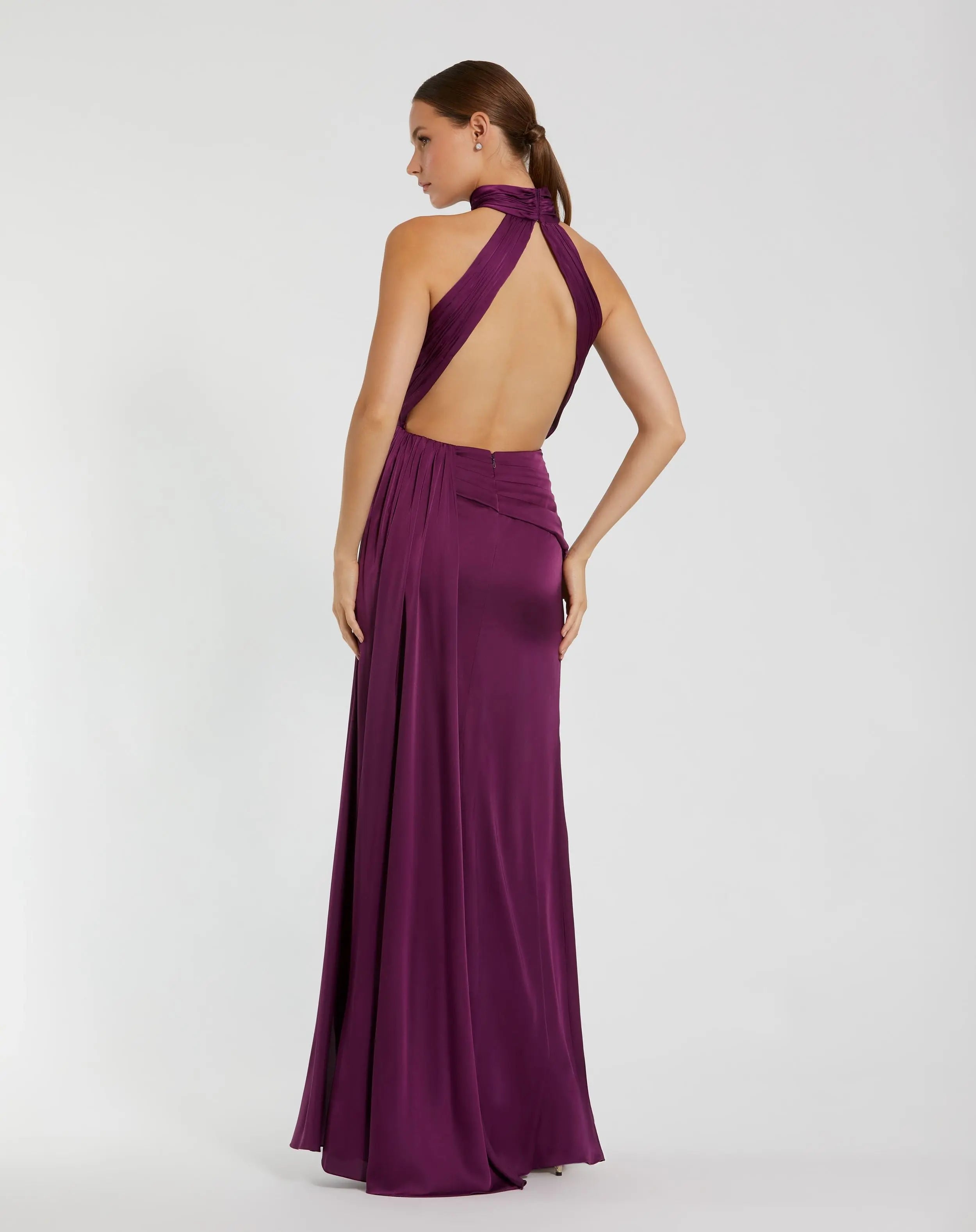 Purple Open Back High Neck Side Ruched Gown-Myartka