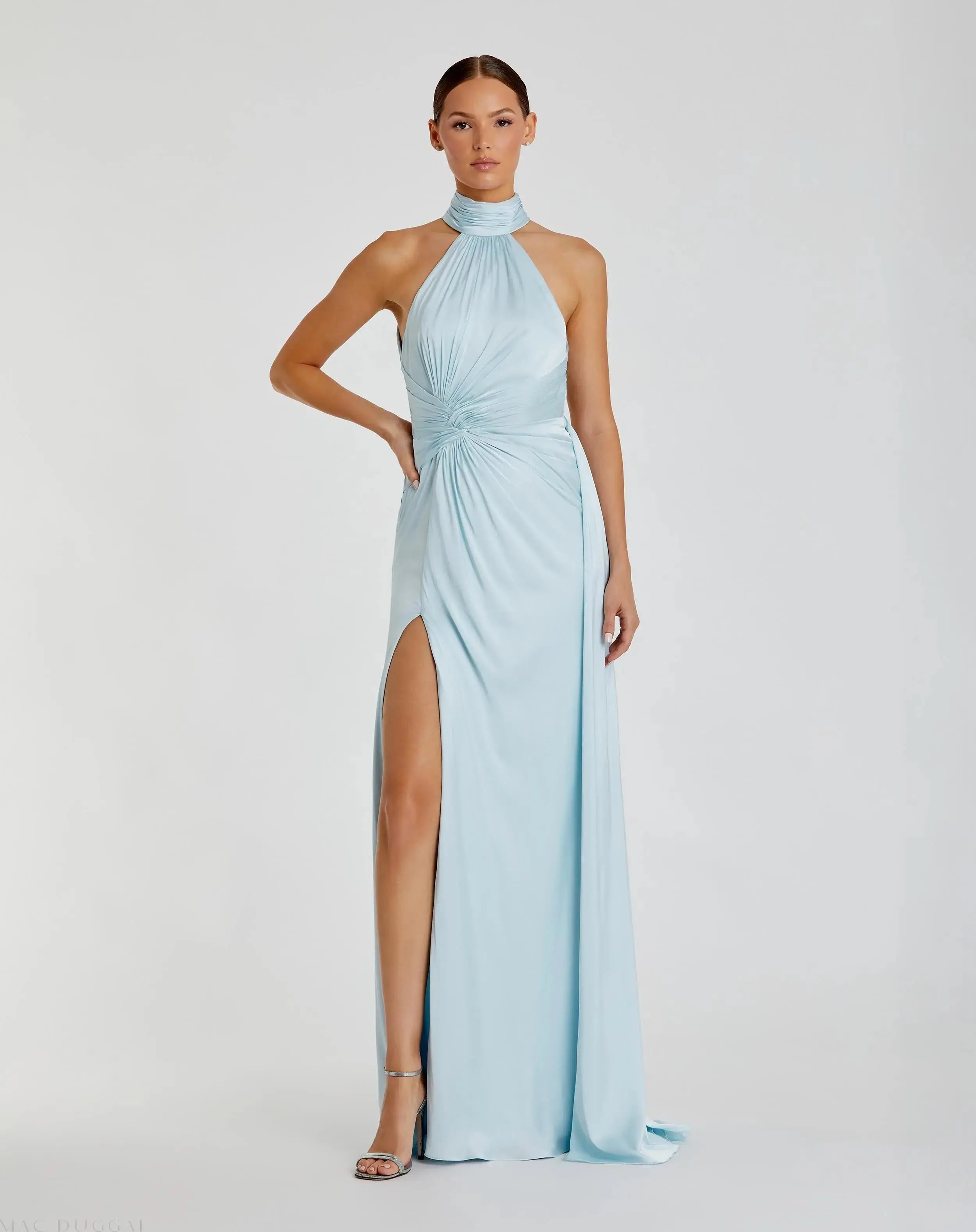 Light Blue Open Back High Neck Side Ruched Gown-Myartka