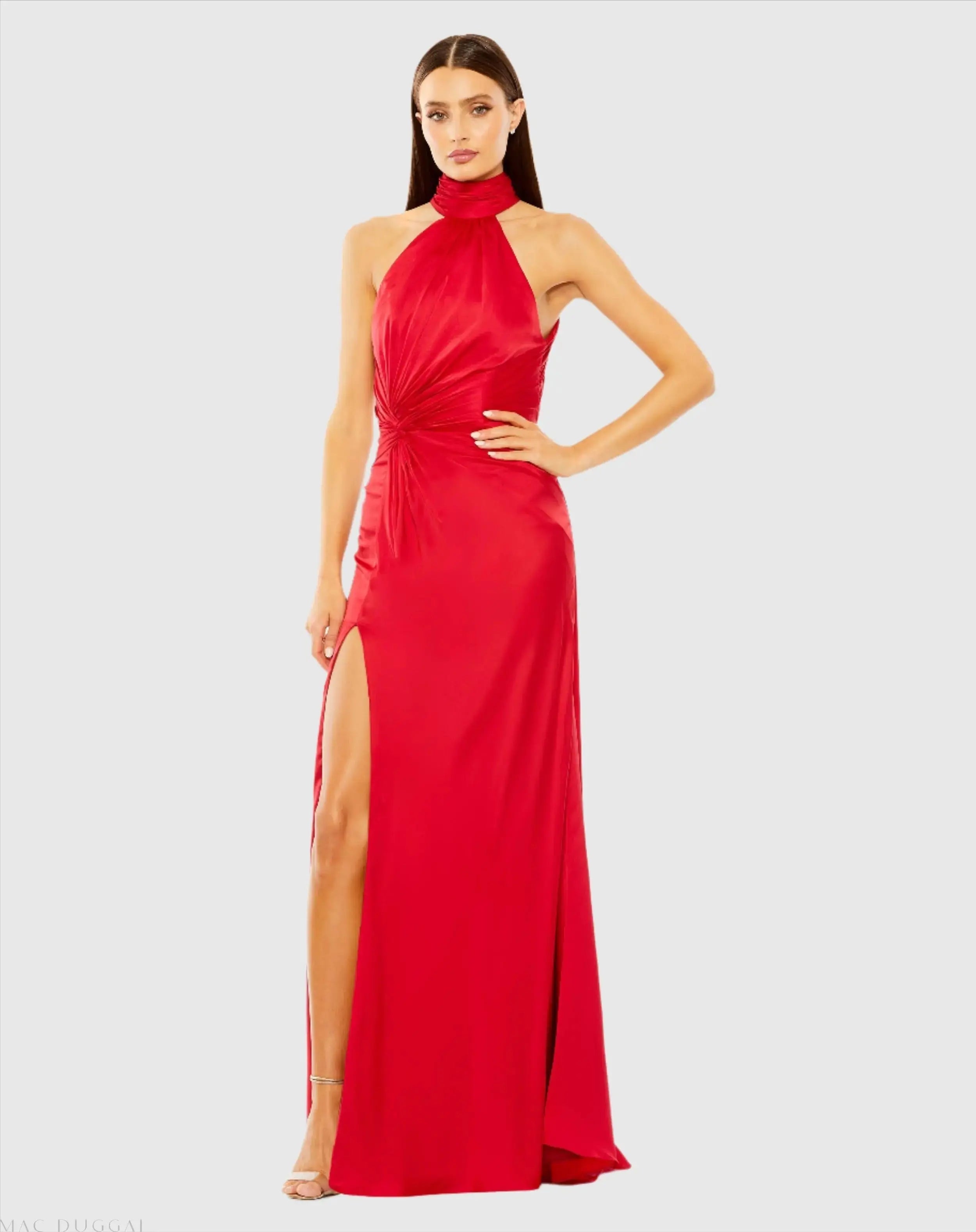 Red Open Back High Neck Side Ruched Gown-Myartka