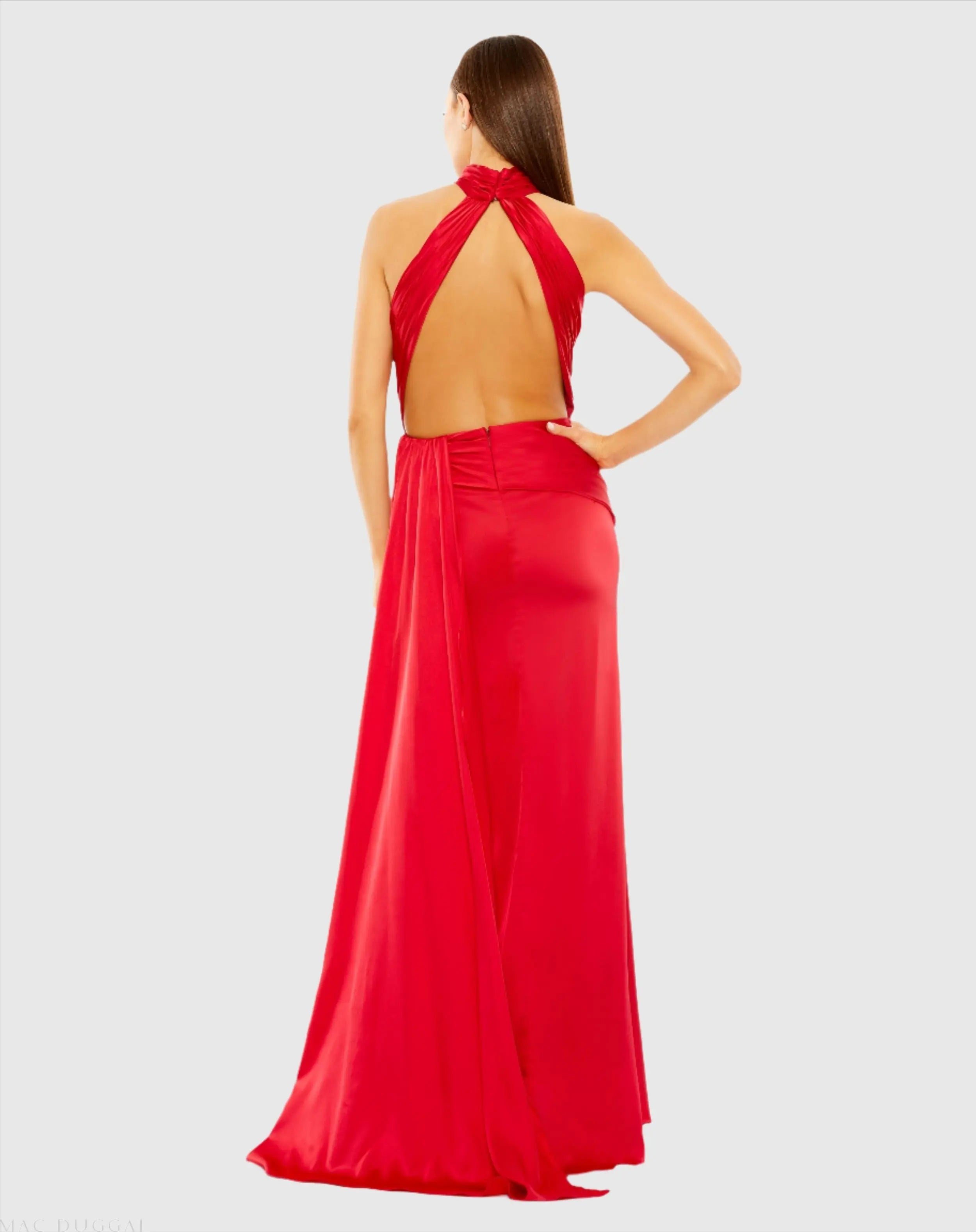 Red Open Back High Neck Side Ruched Gown-Myartka