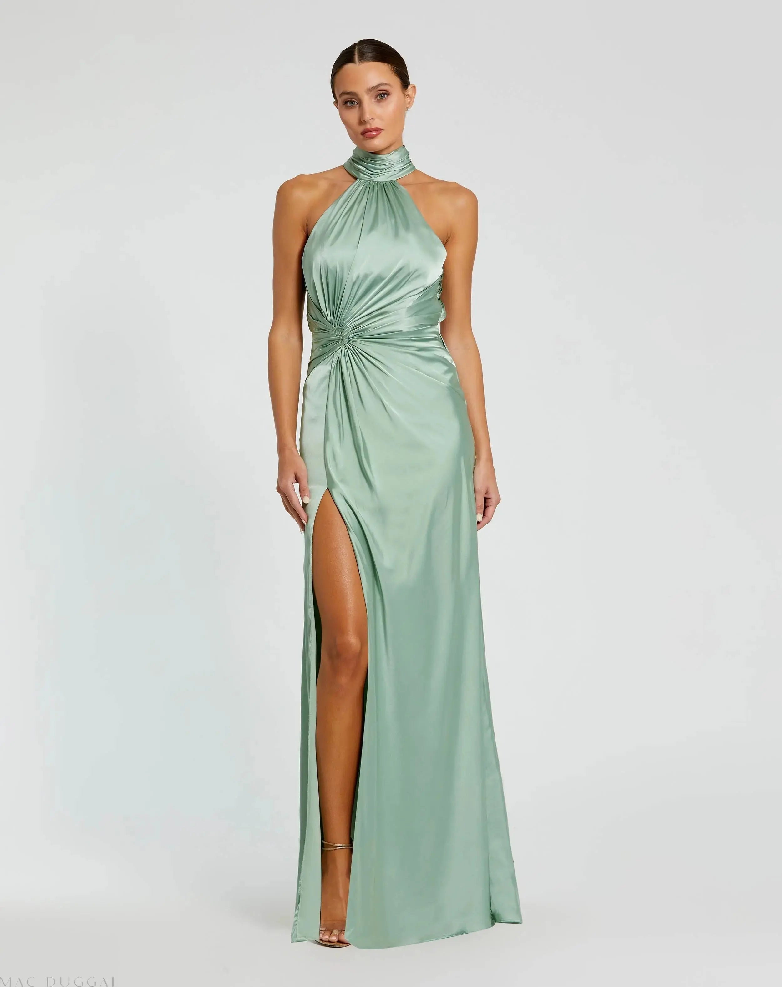 Green Open Back High Neck Side Ruched Gown-Myartka