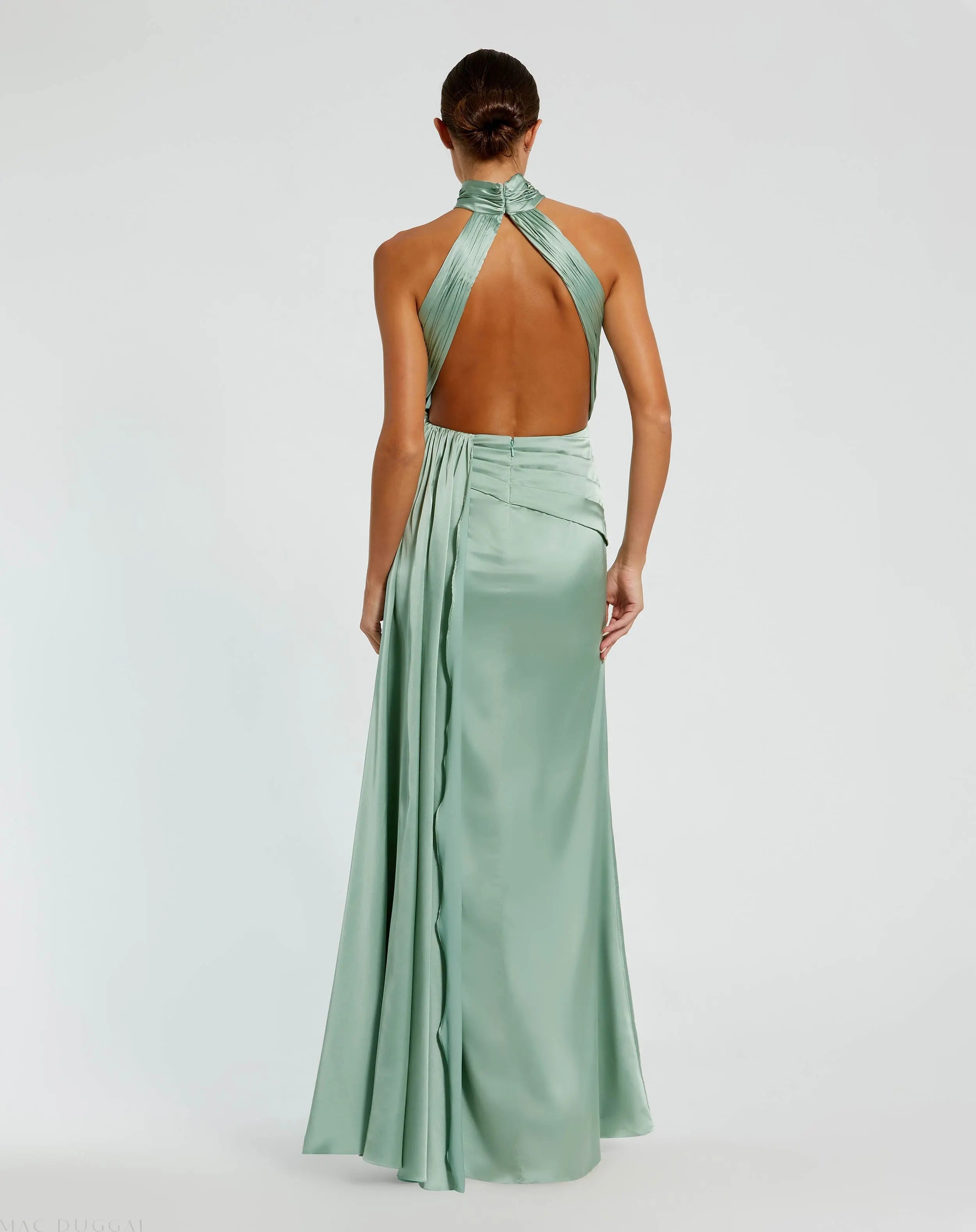 Green Open Back High Neck Side Ruched Gown-Myartka