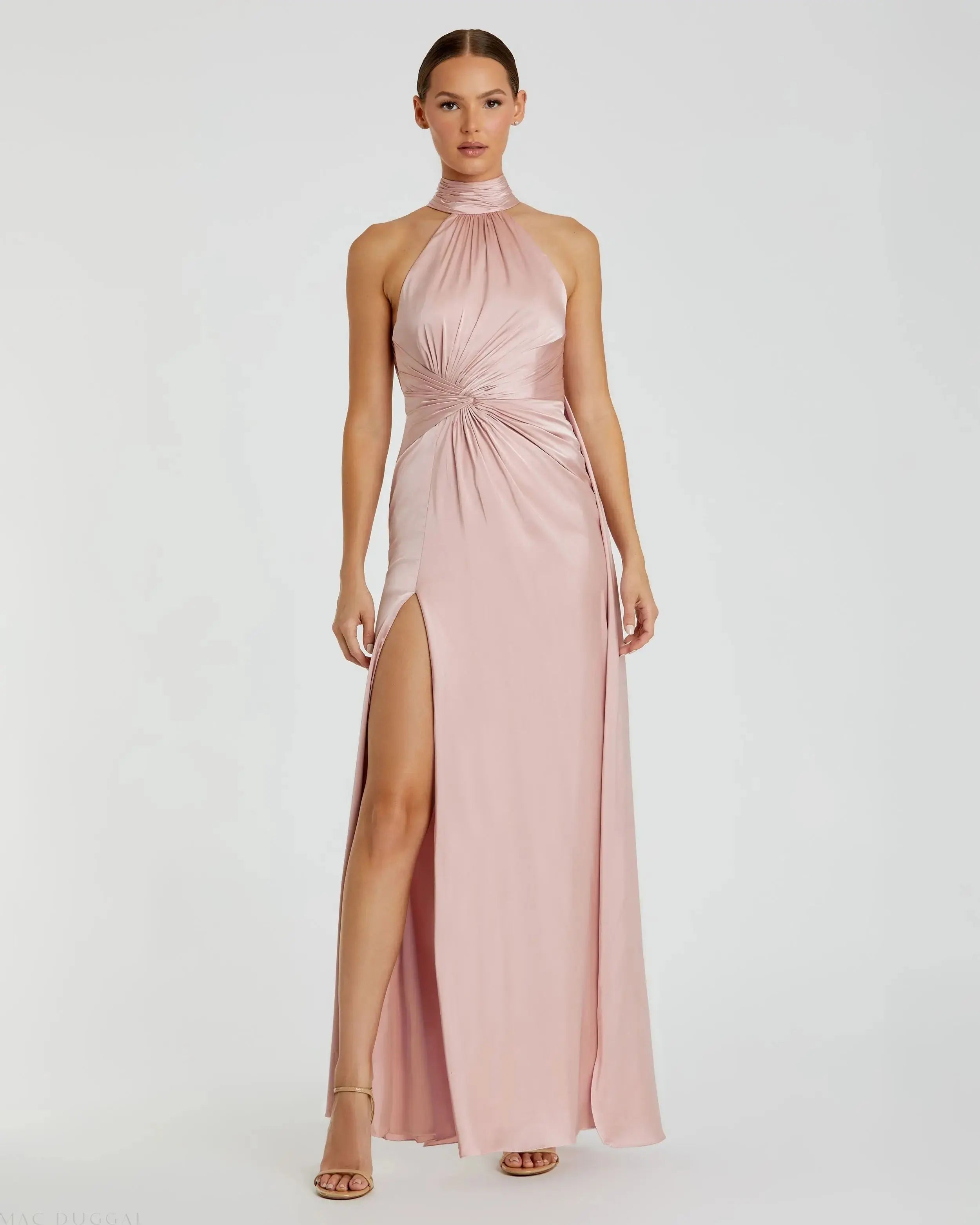 Pink Open Back High Neck Side Ruched Gown-Myartka