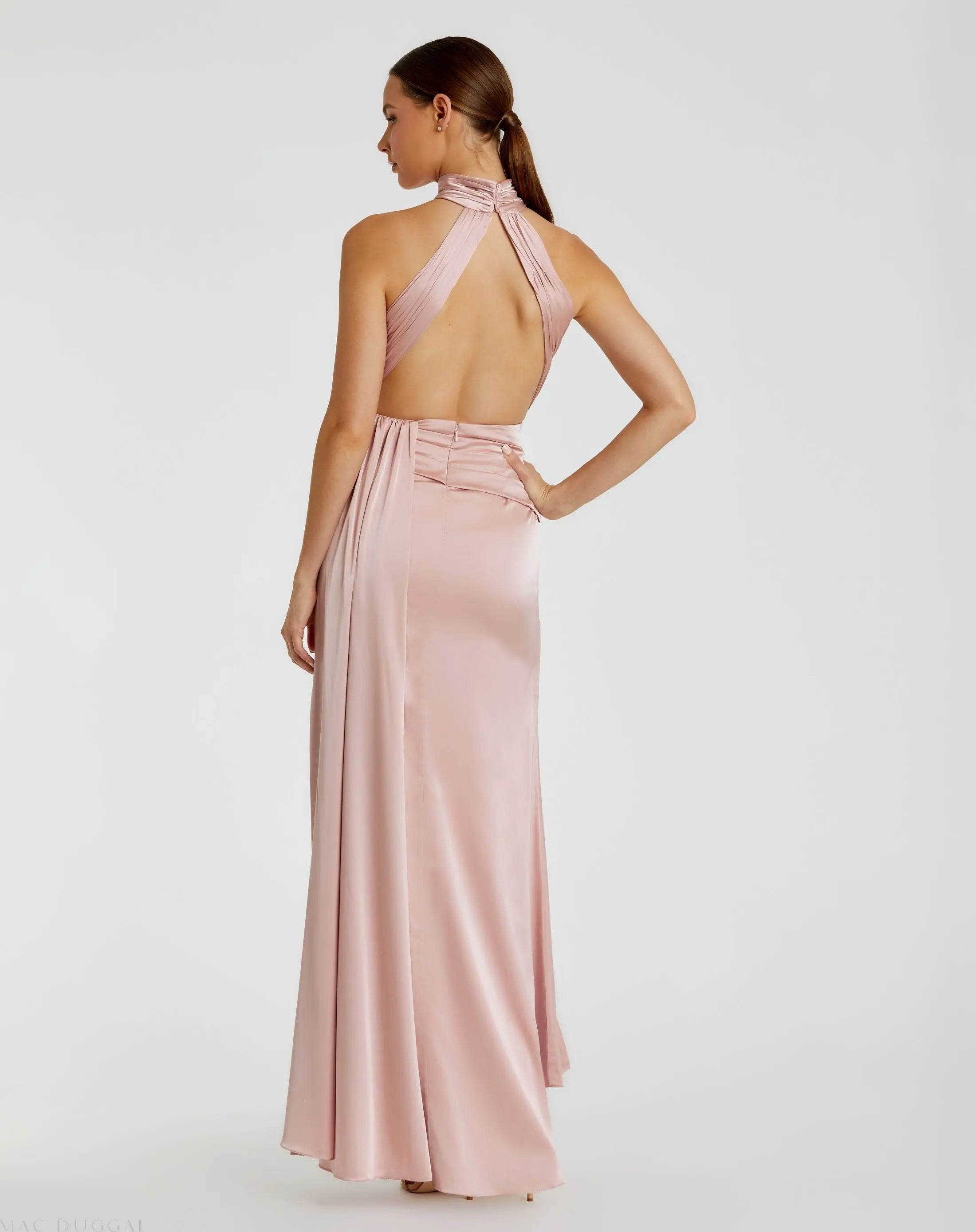 Pink Open Back High Neck Side Ruched Gown-Myartka