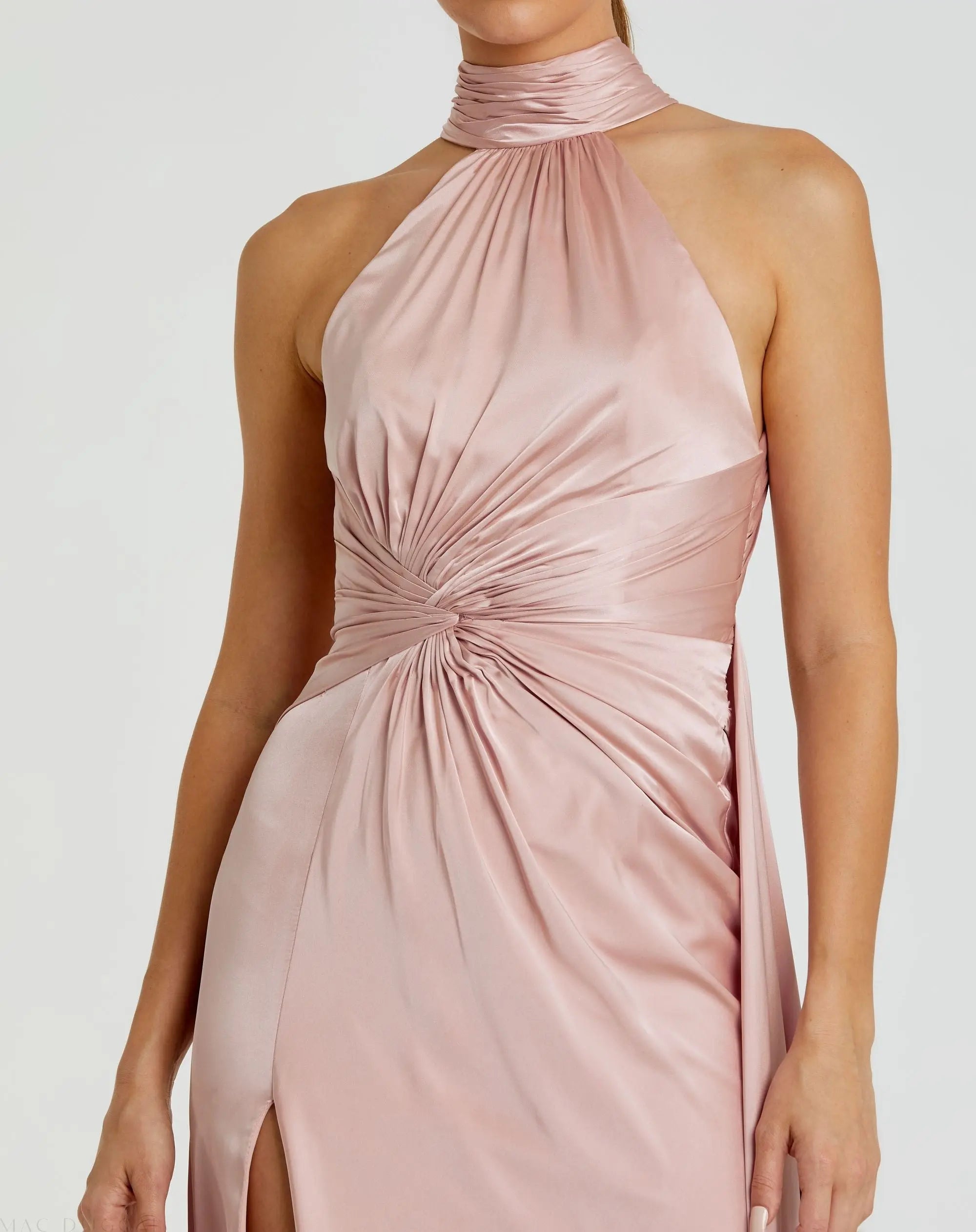 Pink Open Back High Neck Side Ruched Gown-Myartka