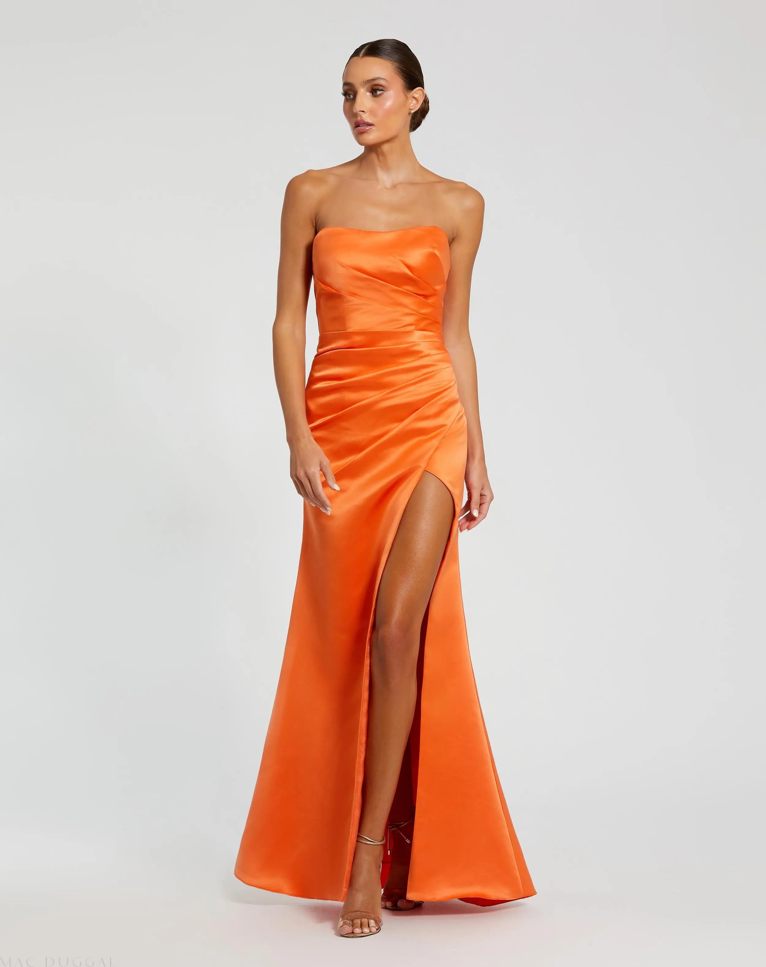 Orange Strapless Gathered High Slit Gown-Myartka