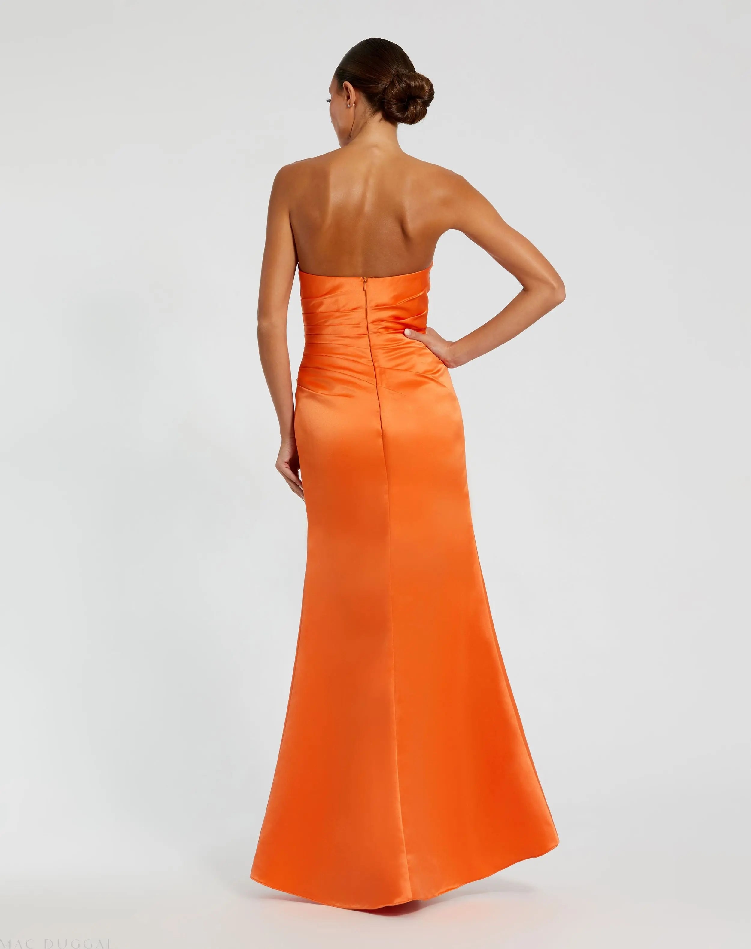 Orange Strapless Gathered High Slit Gown-Myartka