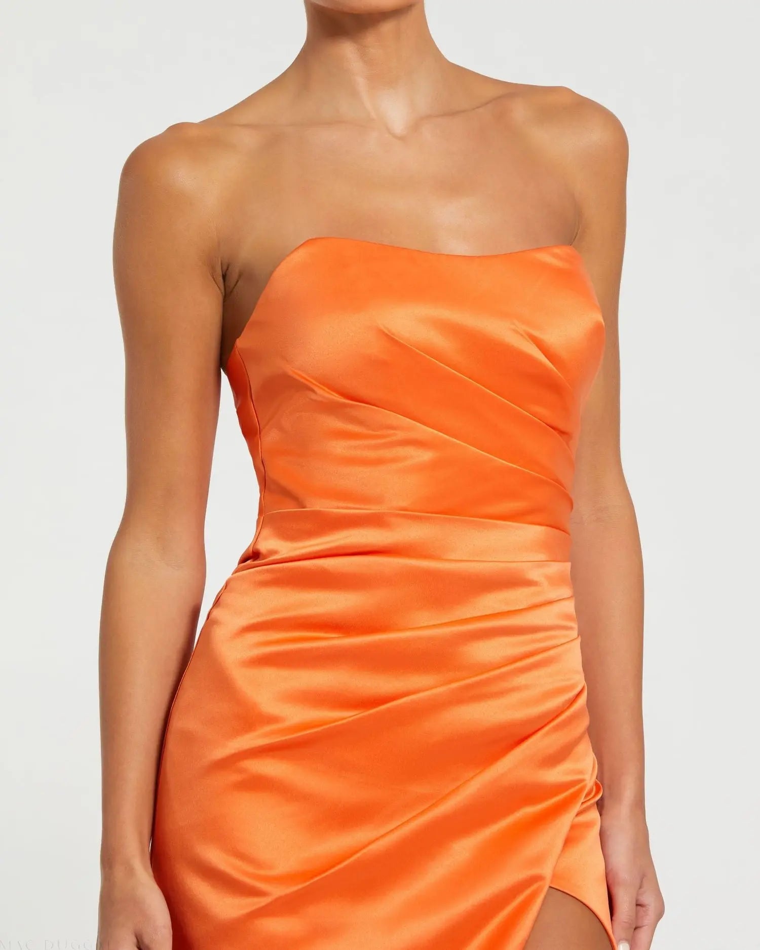 Orange Strapless Gathered High Slit Gown-Myartka
