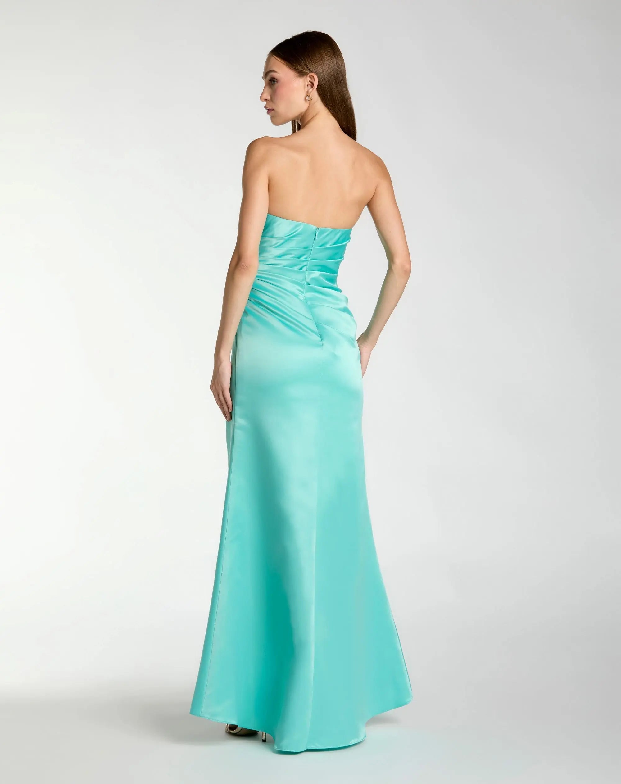 Blue Strapless Gathered High Slit Gown-Myartka