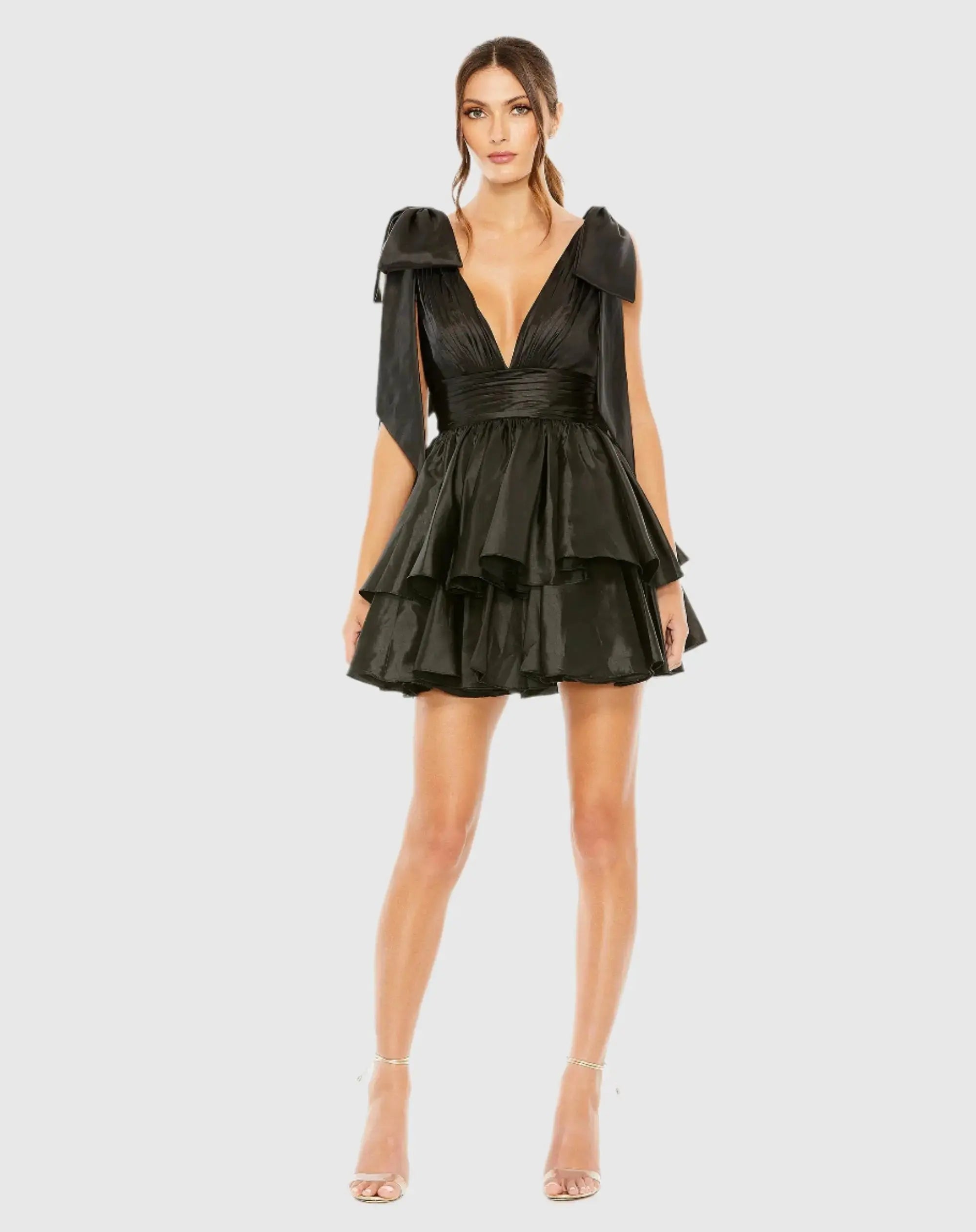 Black Oversized Bow Deep V Ruffle Mini Dress-Myartka