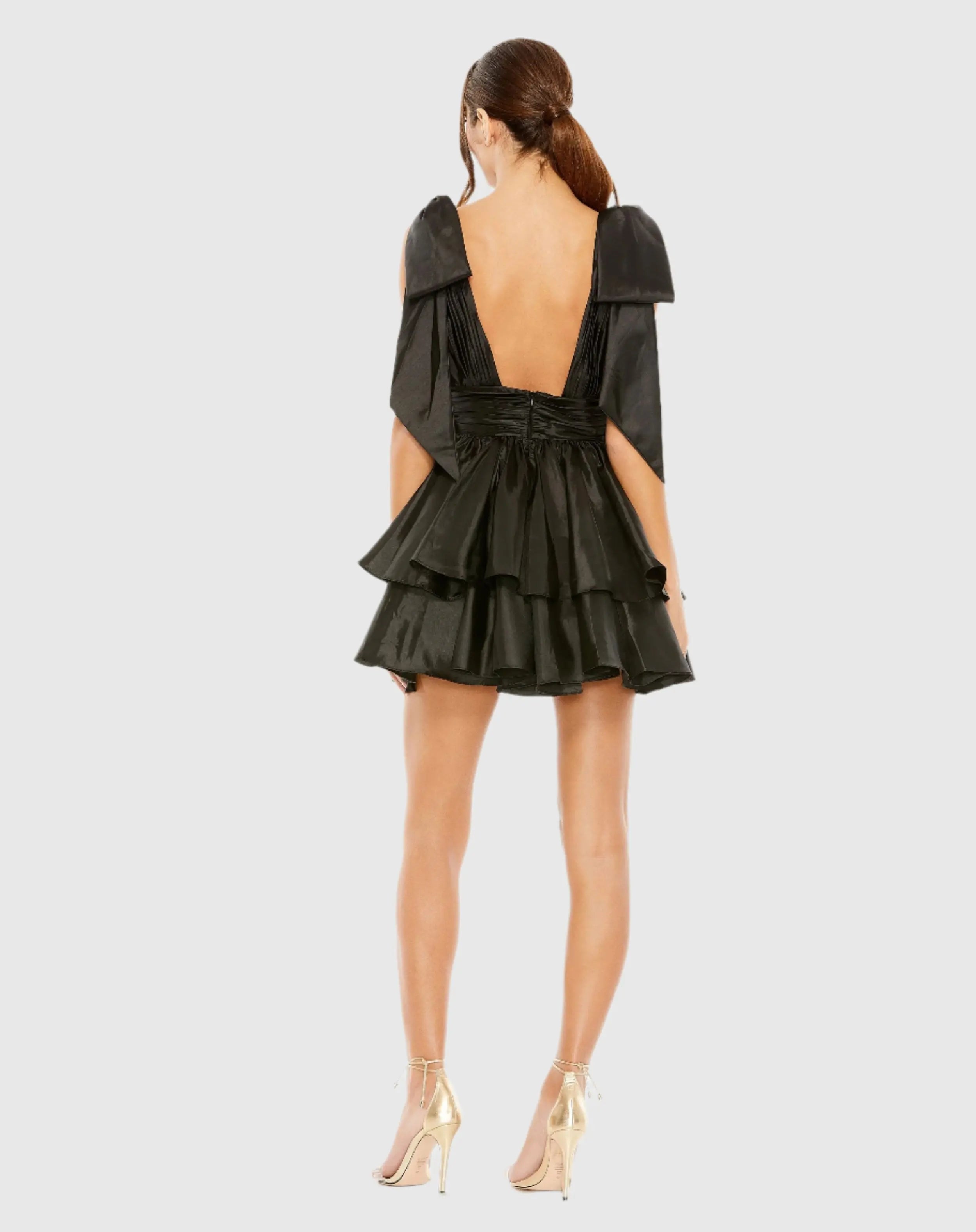 Black Oversized Bow Deep V Ruffle Mini Dress-Myartka