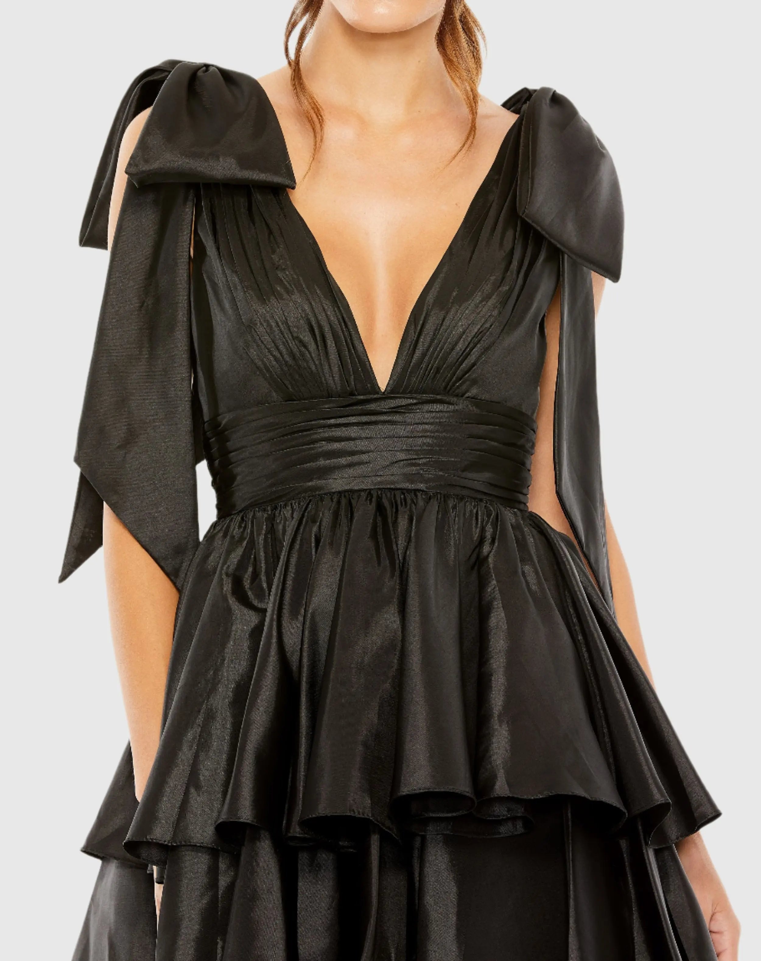 Black Oversized Bow Deep V Ruffle Mini Dress-Myartka