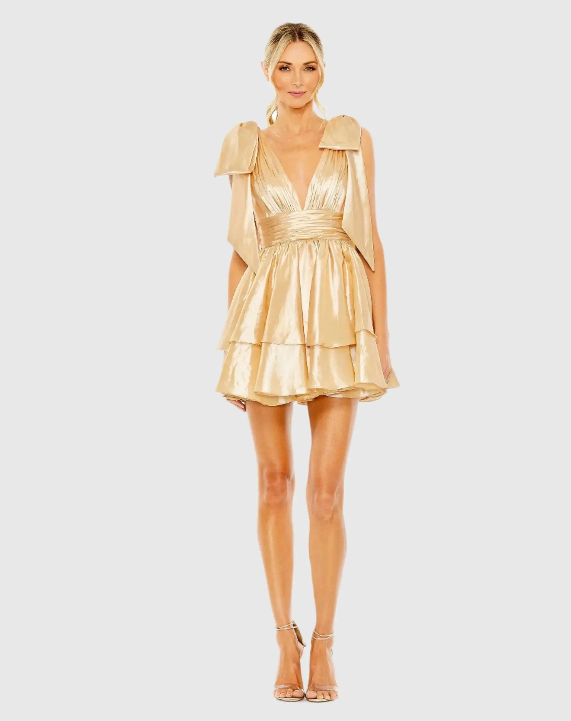 Gold Oversized Bow Deep V Ruffle Mini Dress-Myartka