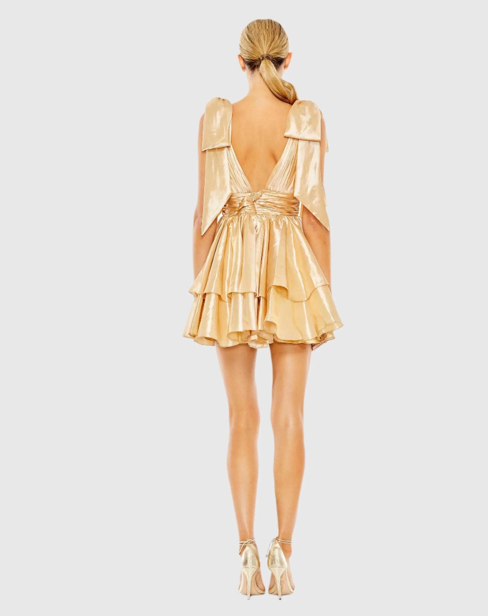Gold Oversized Bow Deep V Ruffle Mini Dress-Myartka
