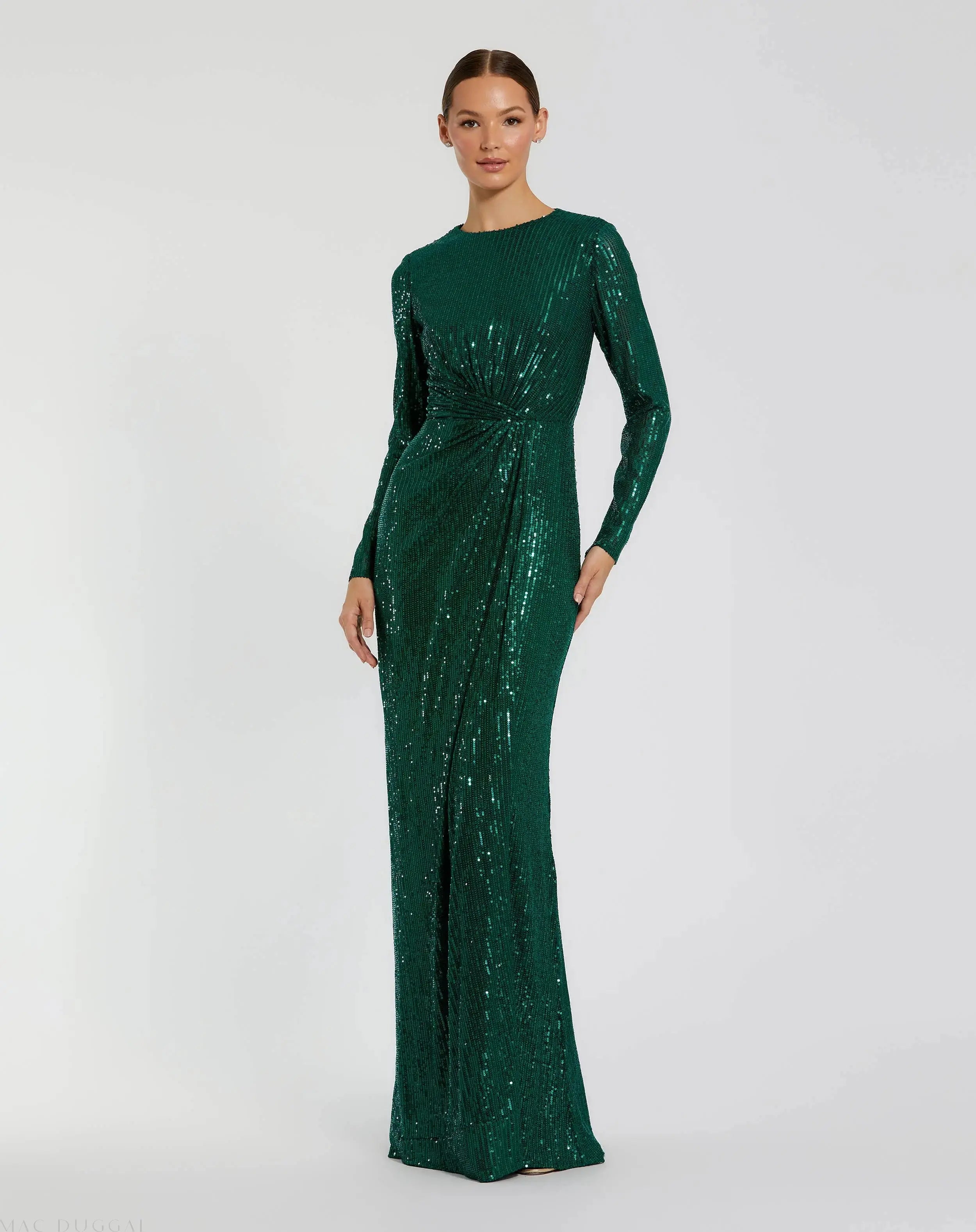 Sequined Long Sleeve Side Knot Gown-Myartka
