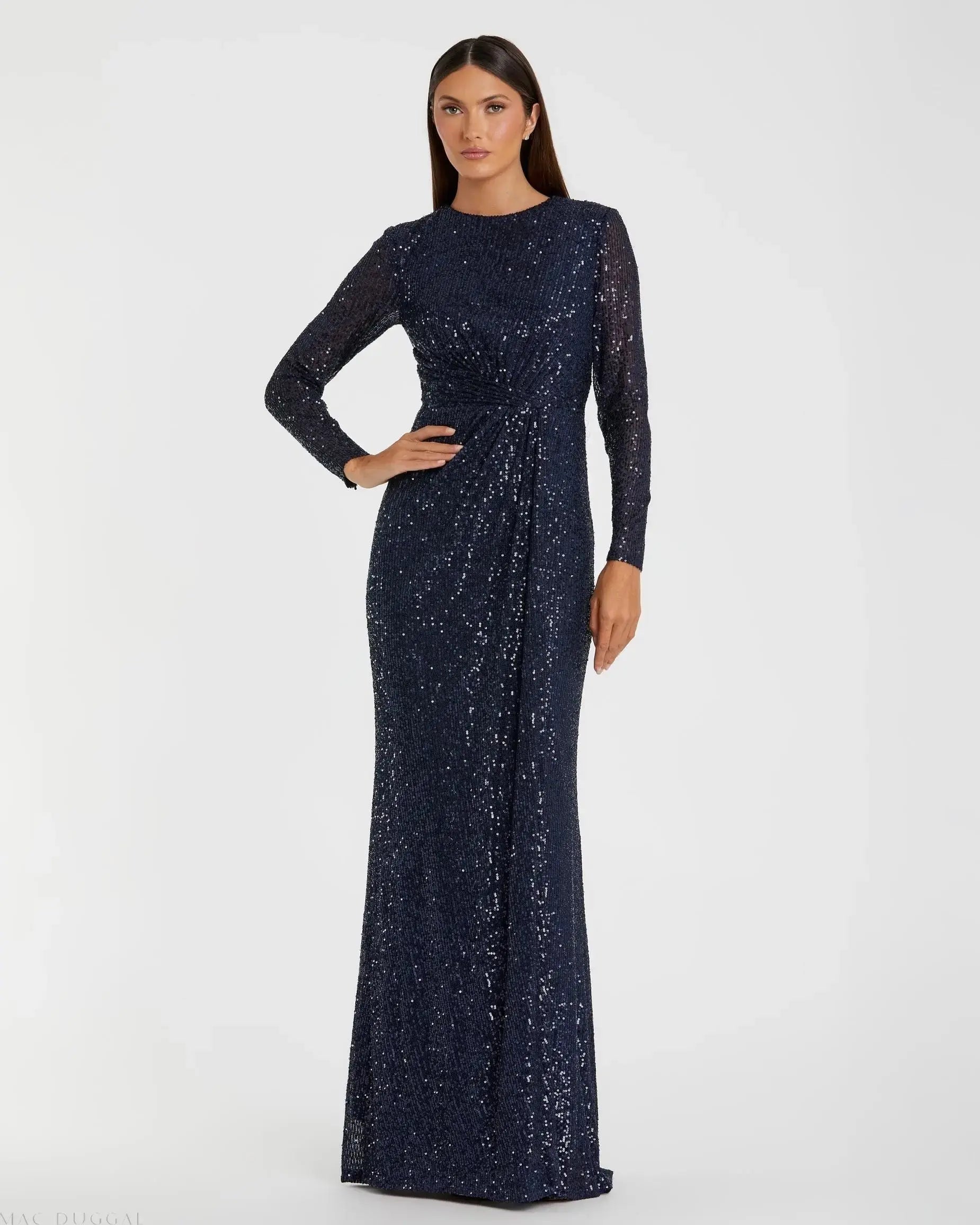 Sequined Long Sleeve Side Knot Gown-Myartka