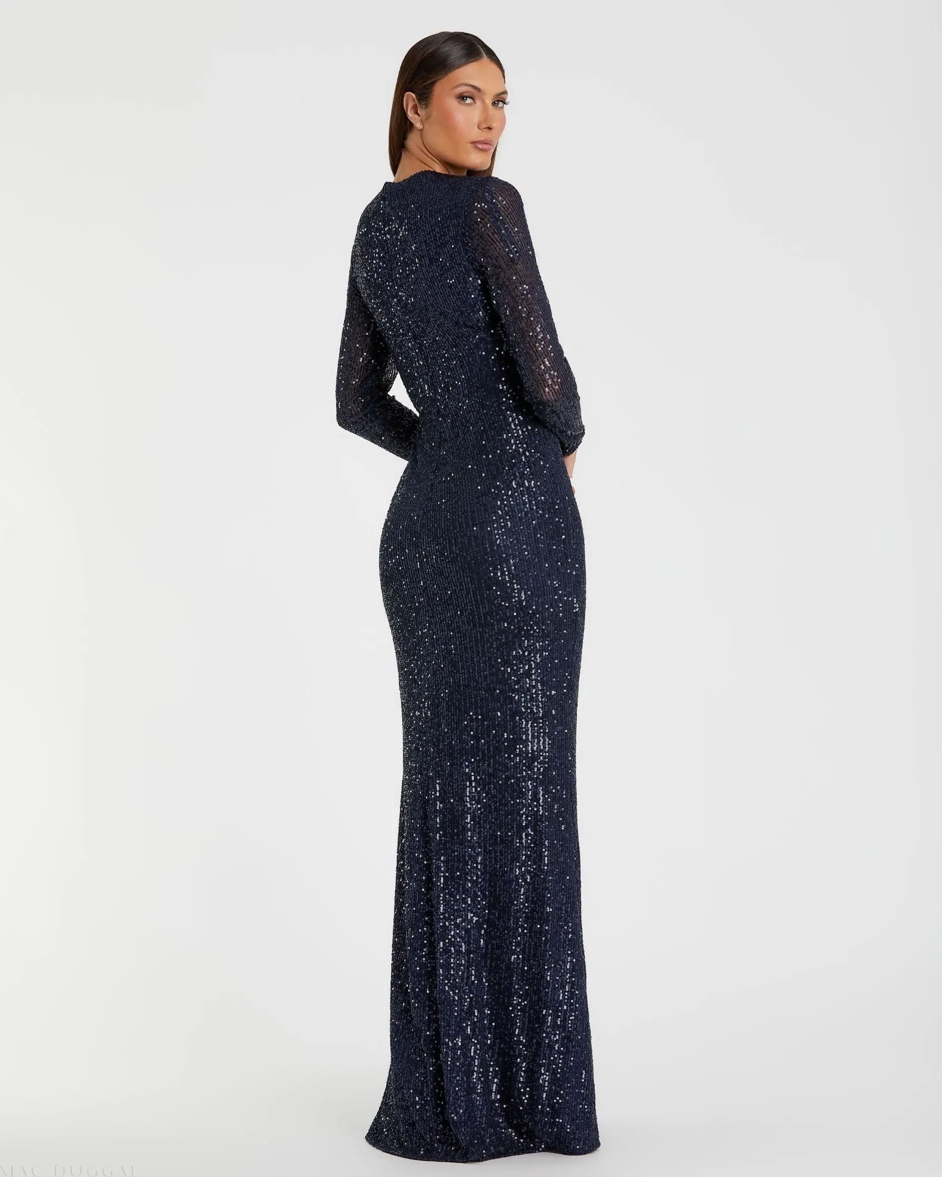 Navy Sequined Long Sleeve Side Knot Gown-Myartka