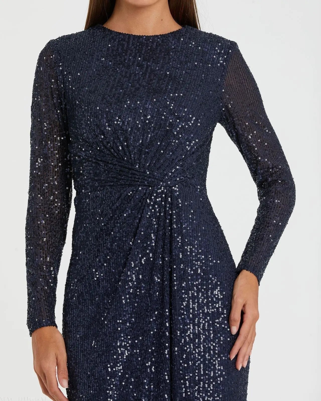 Navy Sequined Long Sleeve Side Knot Gown-Myartka