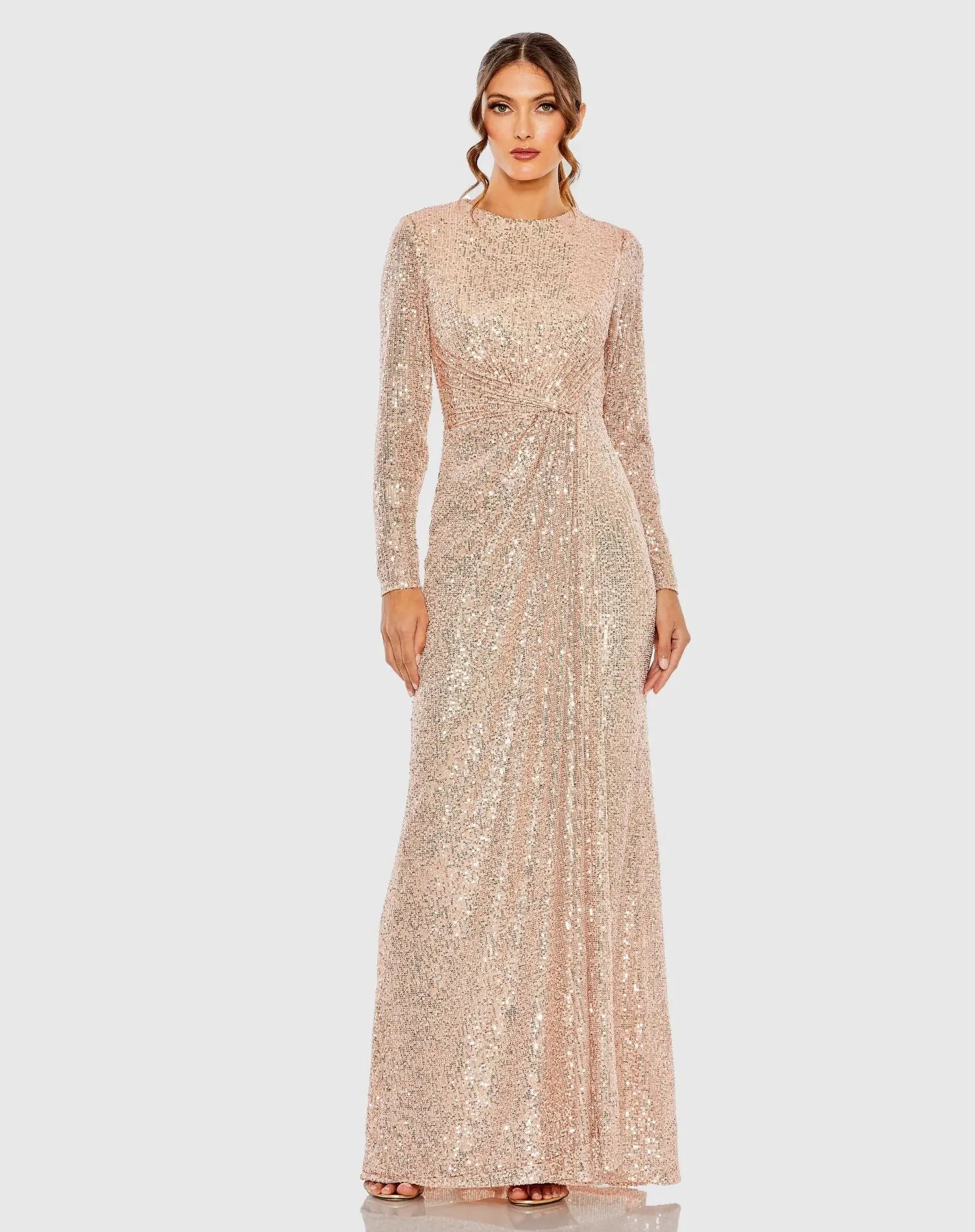 Light Pink Sequined Side Knot Long Sleeve Gown-Myartka