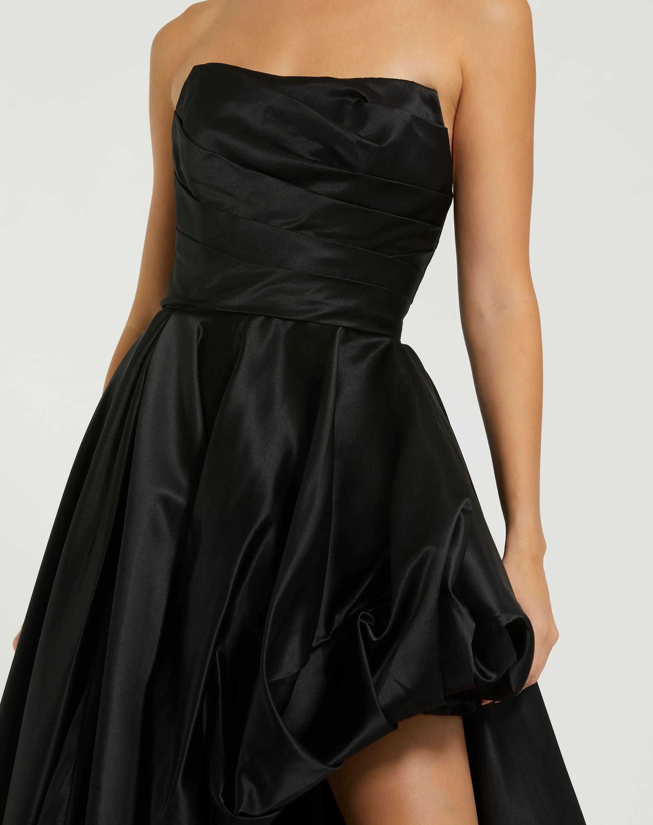 Black Strapless Ruched High Low Gown-Myartka
