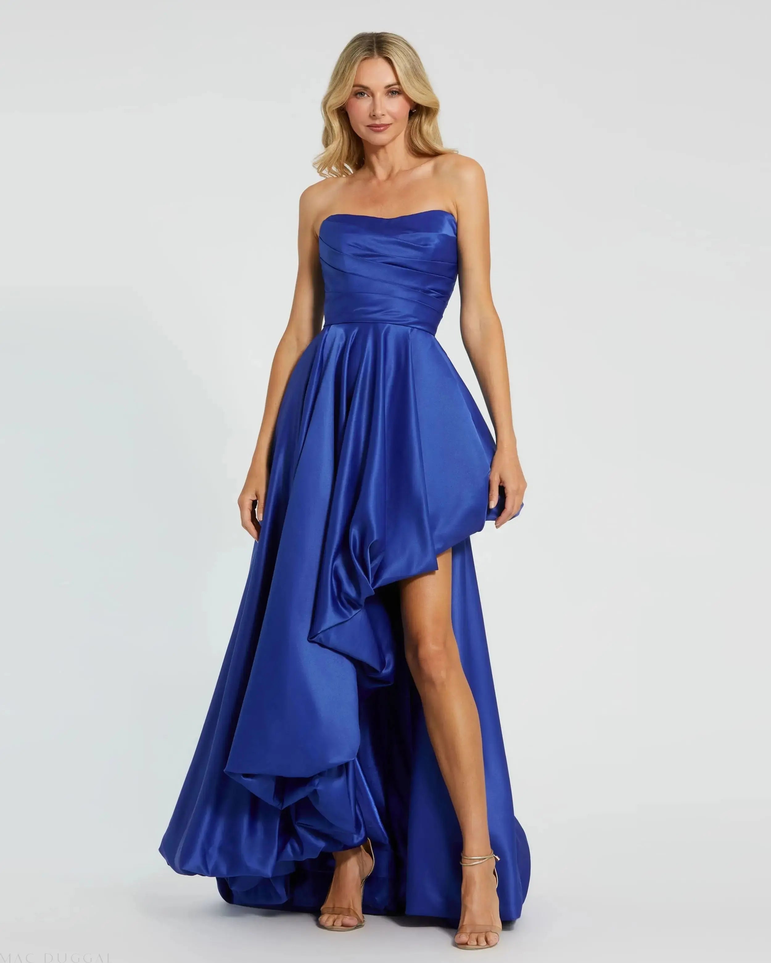 Blue Strapless Ruched High Low Gown-Myartka