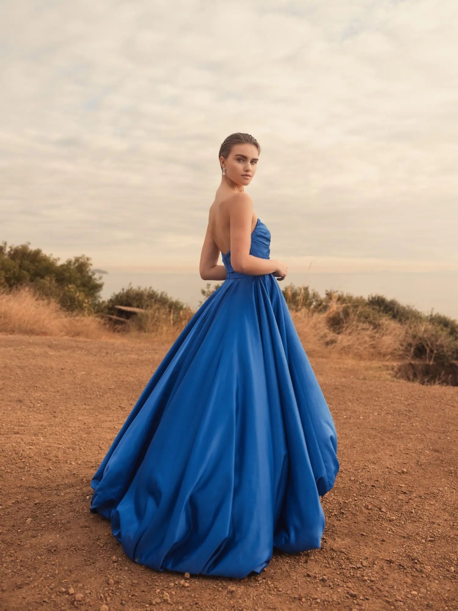 Blue Strapless Ruched High Low Gown-Myartka