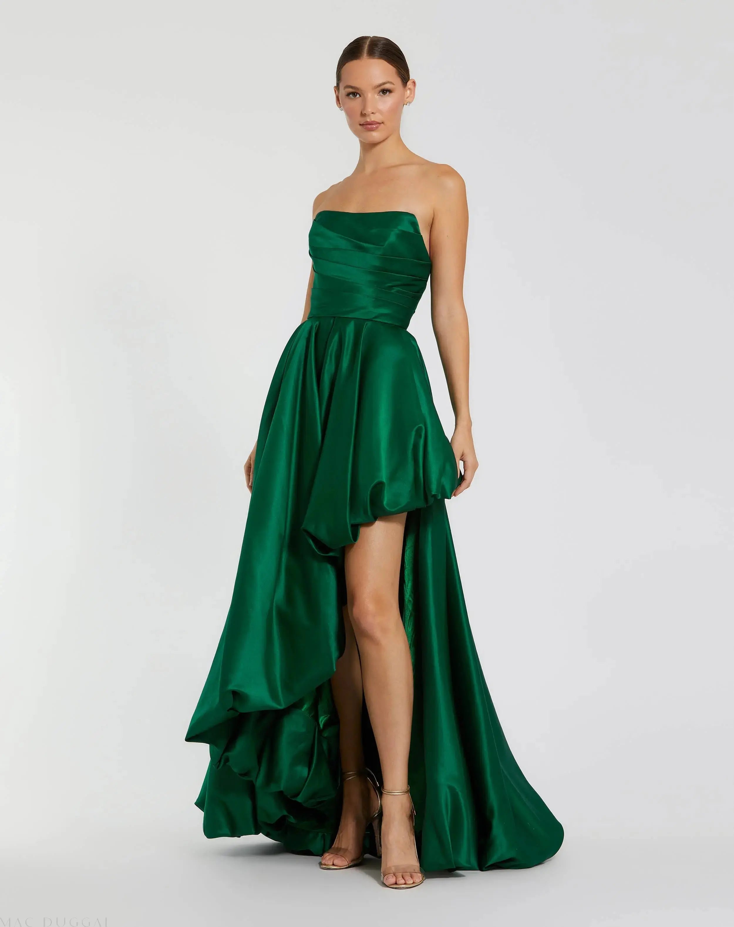 Green Strapless Ruched High Low Gown-Myartka