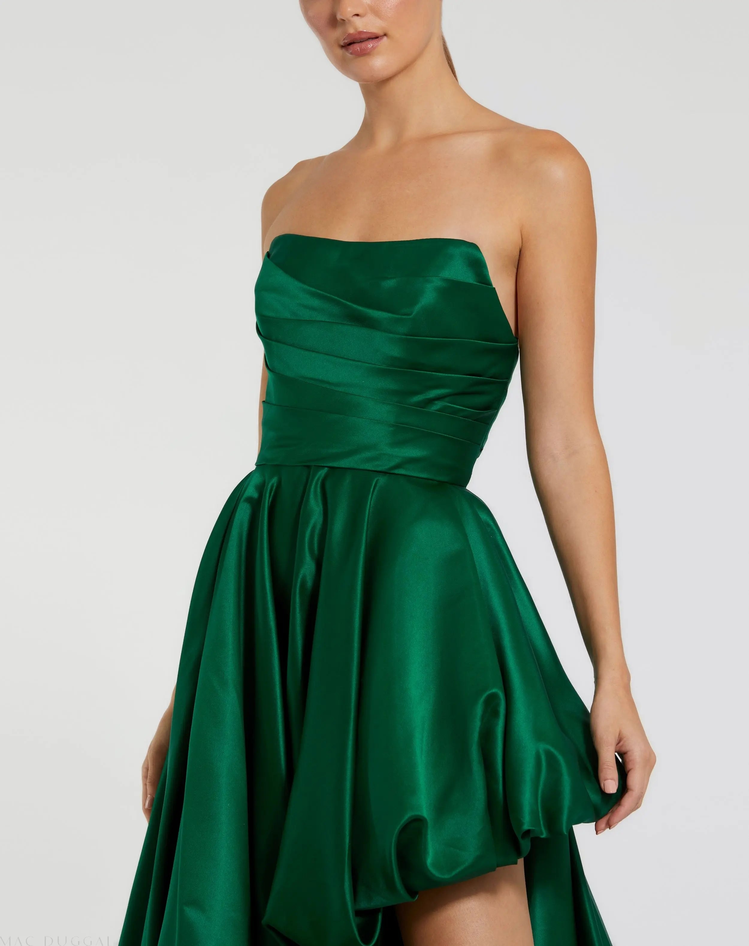 Green Strapless Ruched High Low Gown-Myartka