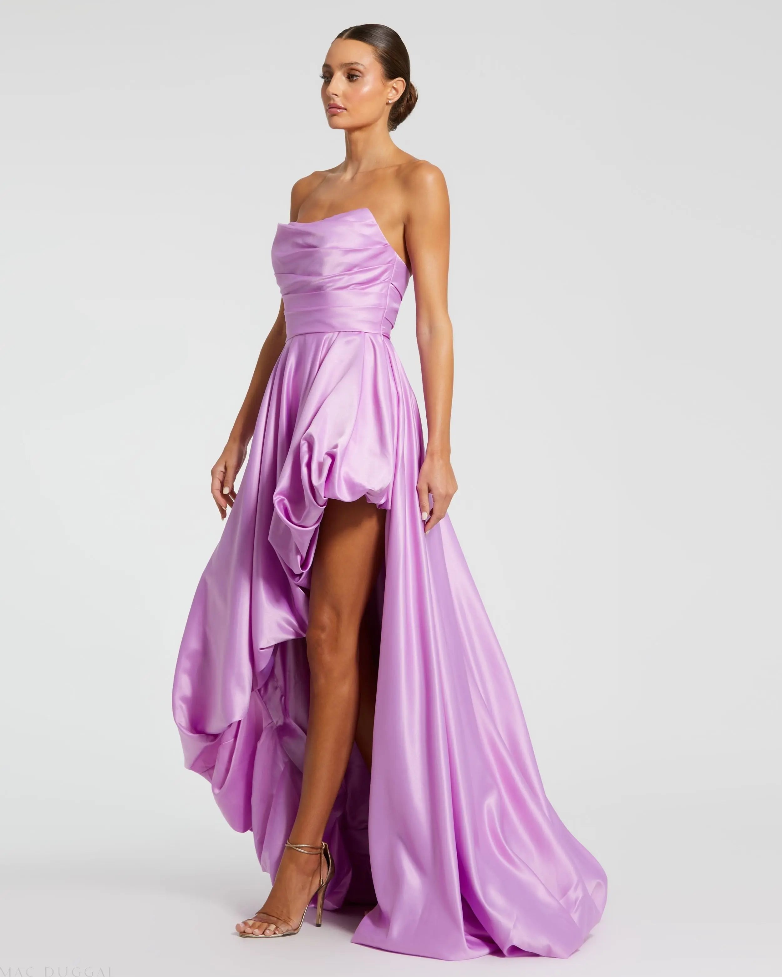 Purple Strapless Ruched High Low Gown-Myartka