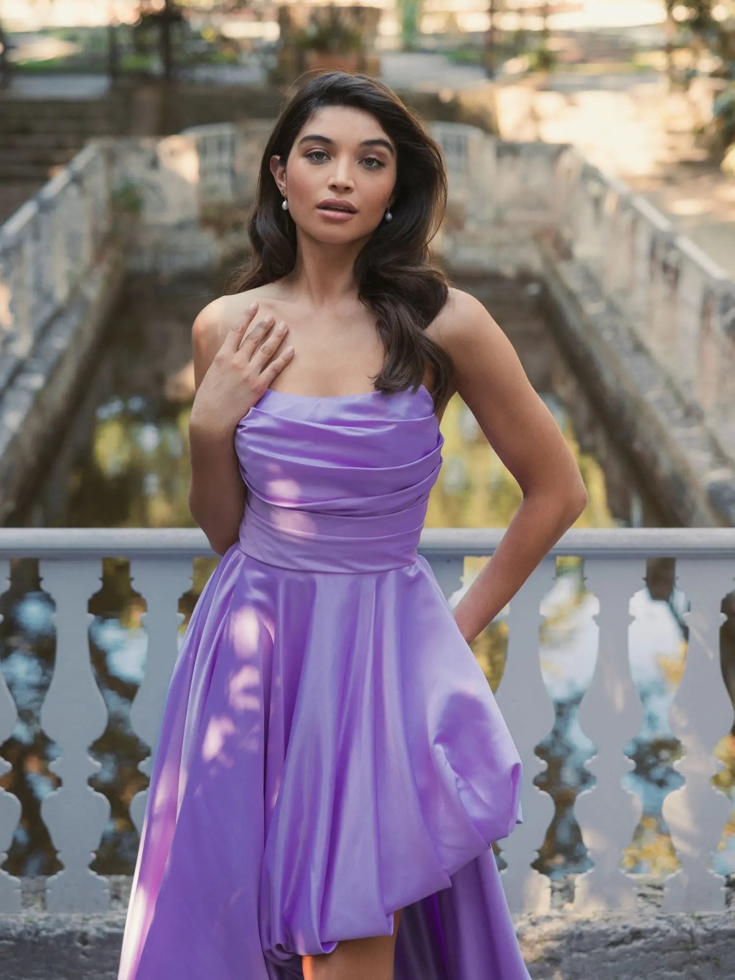 Purple Strapless Ruched High Low Gown-Myartka