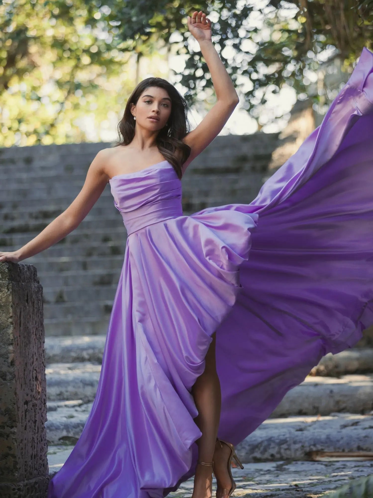 Purple Strapless Ruched High Low Gown-Myartka