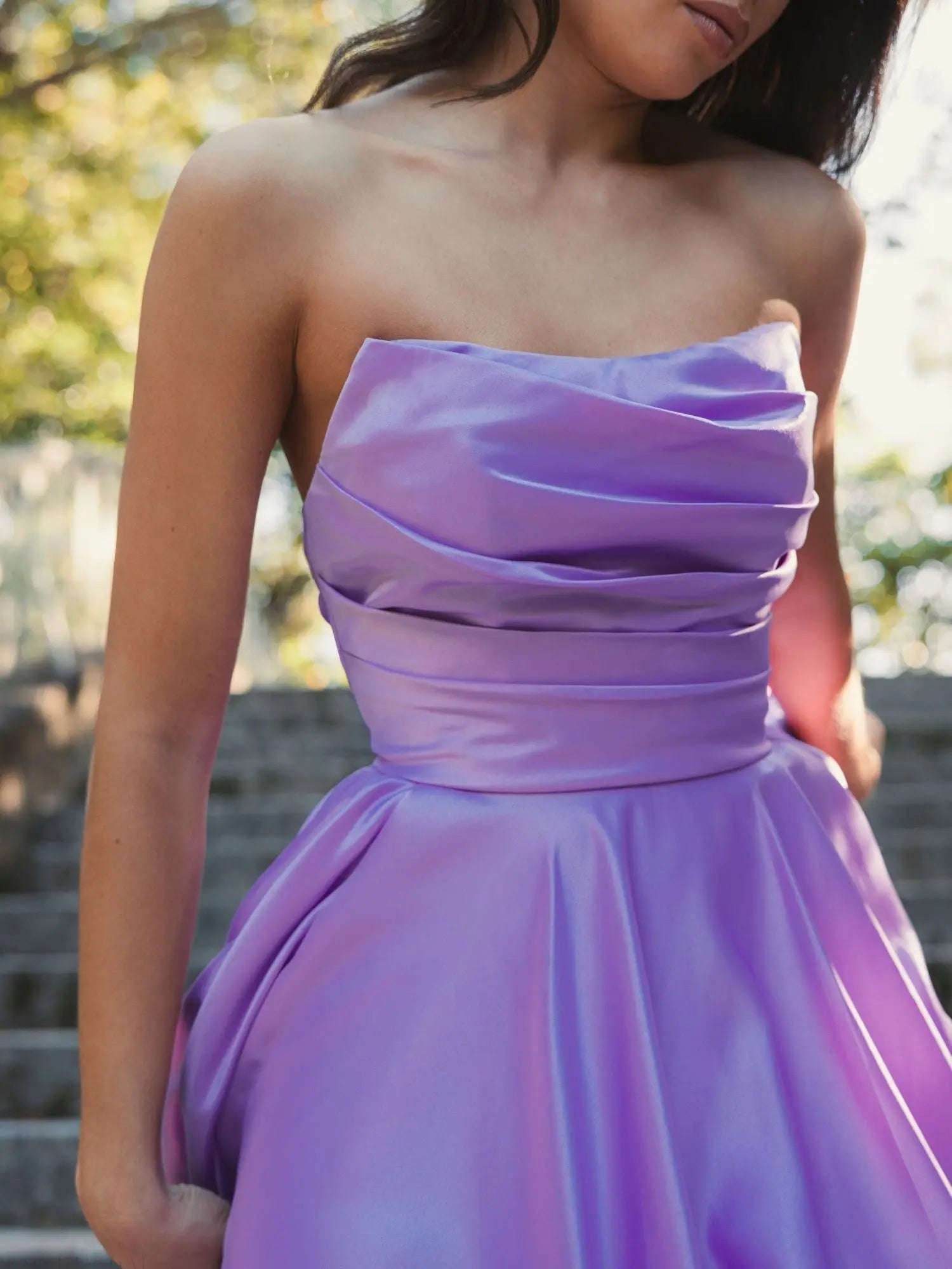 Purple Strapless Ruched High Low Gown-Myartka