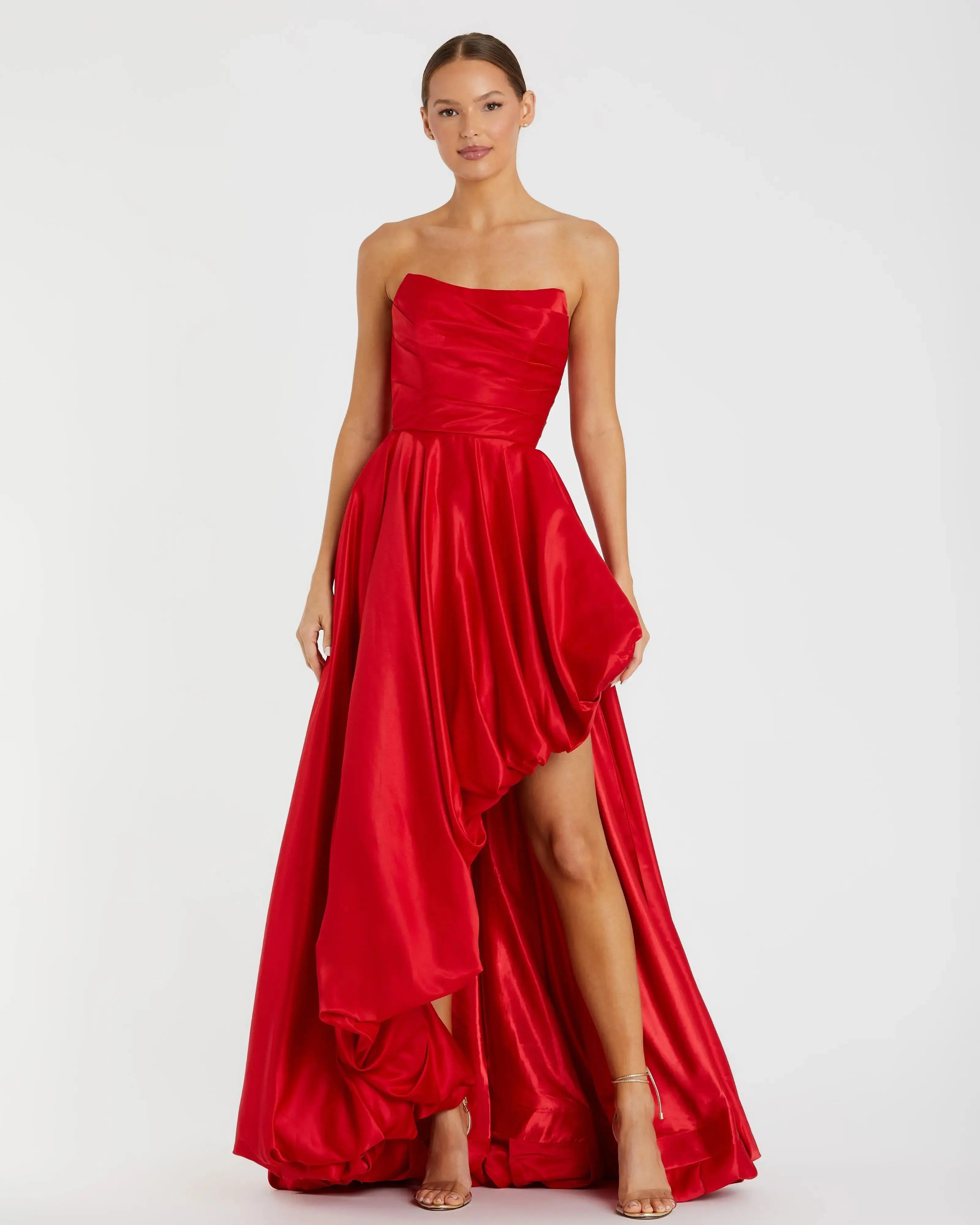 Red Strapless Ruched High Low Gown-Myartka