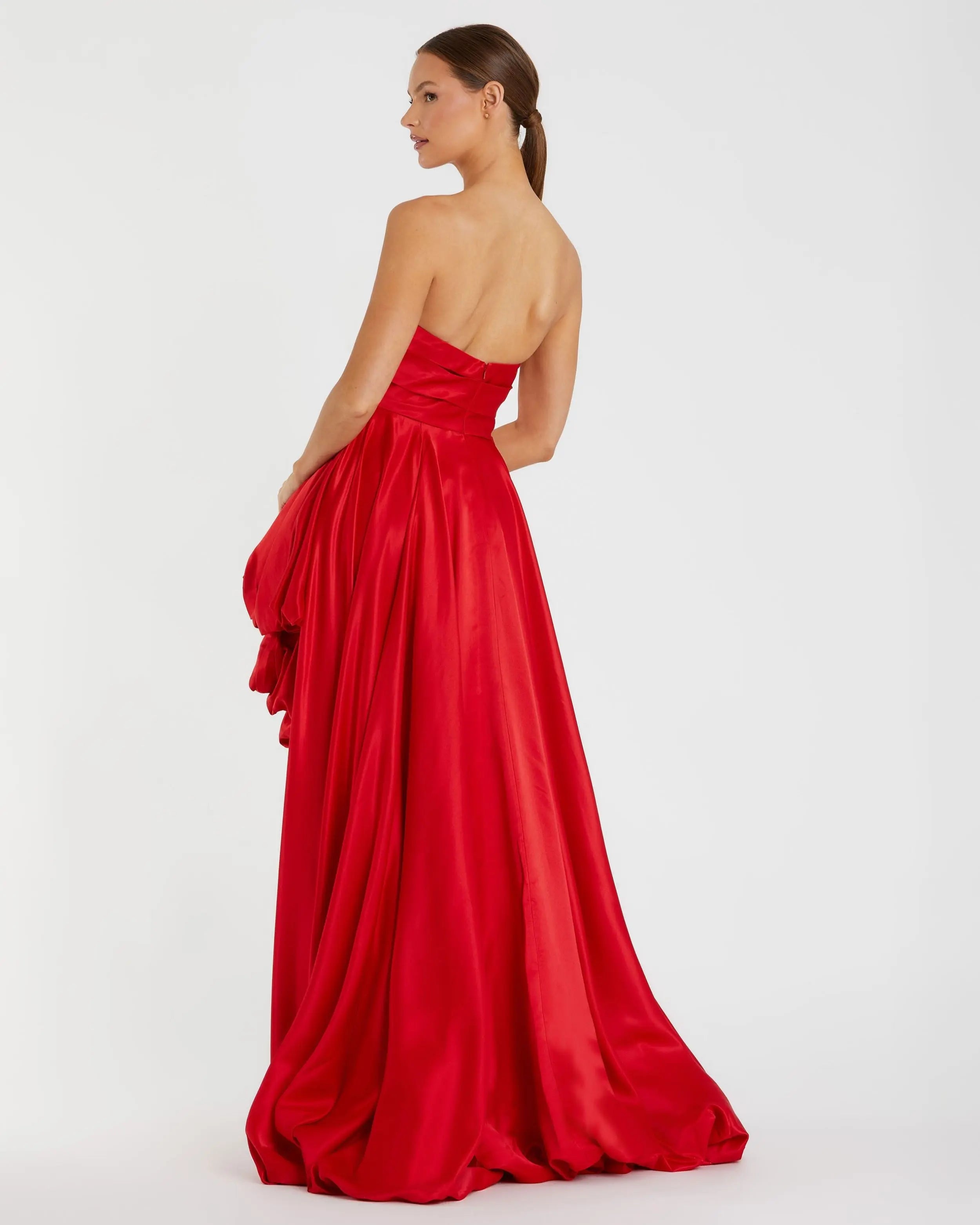 Red Strapless Ruched High Low Gown-Myartka
