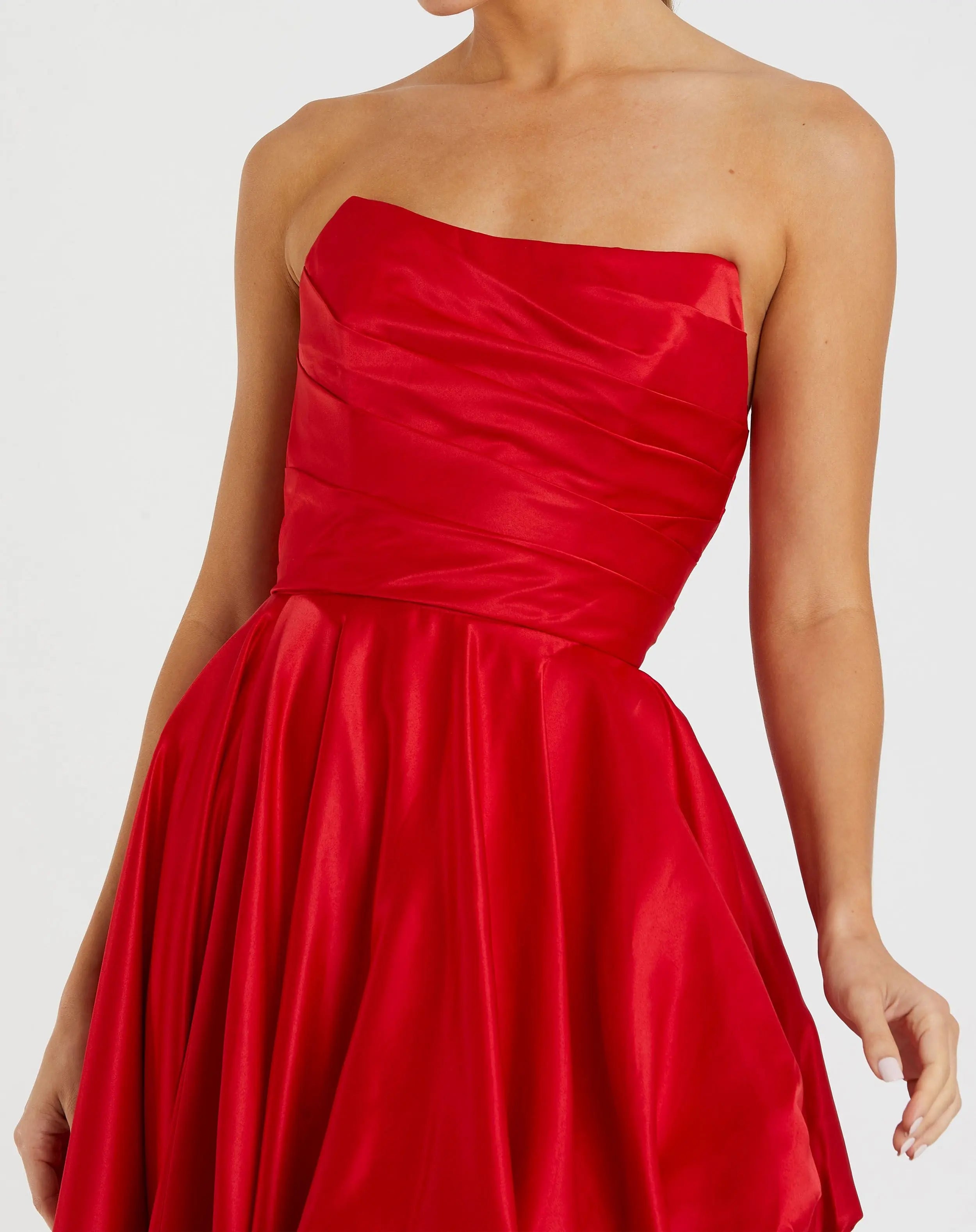 Red Strapless Ruched High Low Gown-Myartka