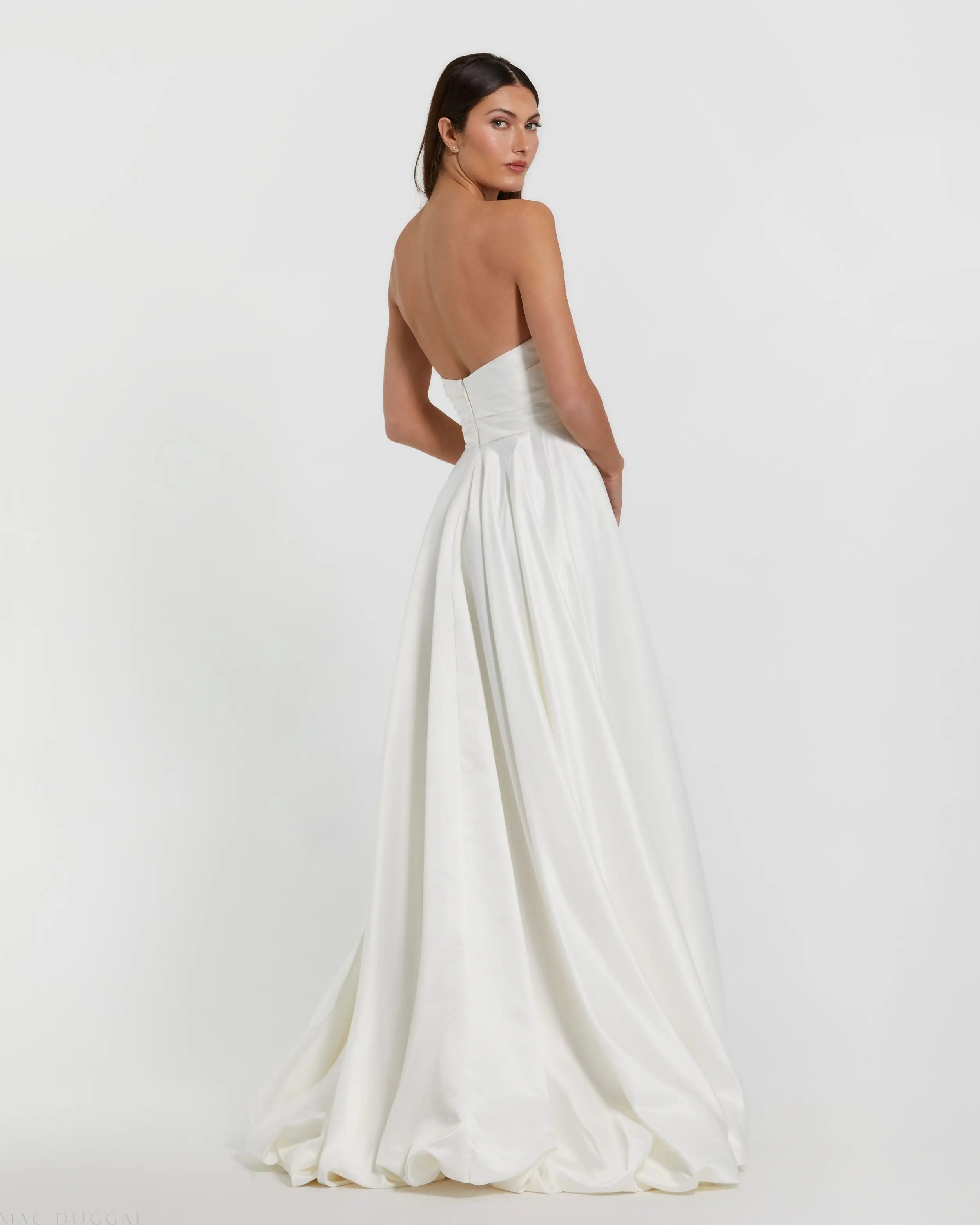 White Strapless Ruched High Low Gown-Myartka