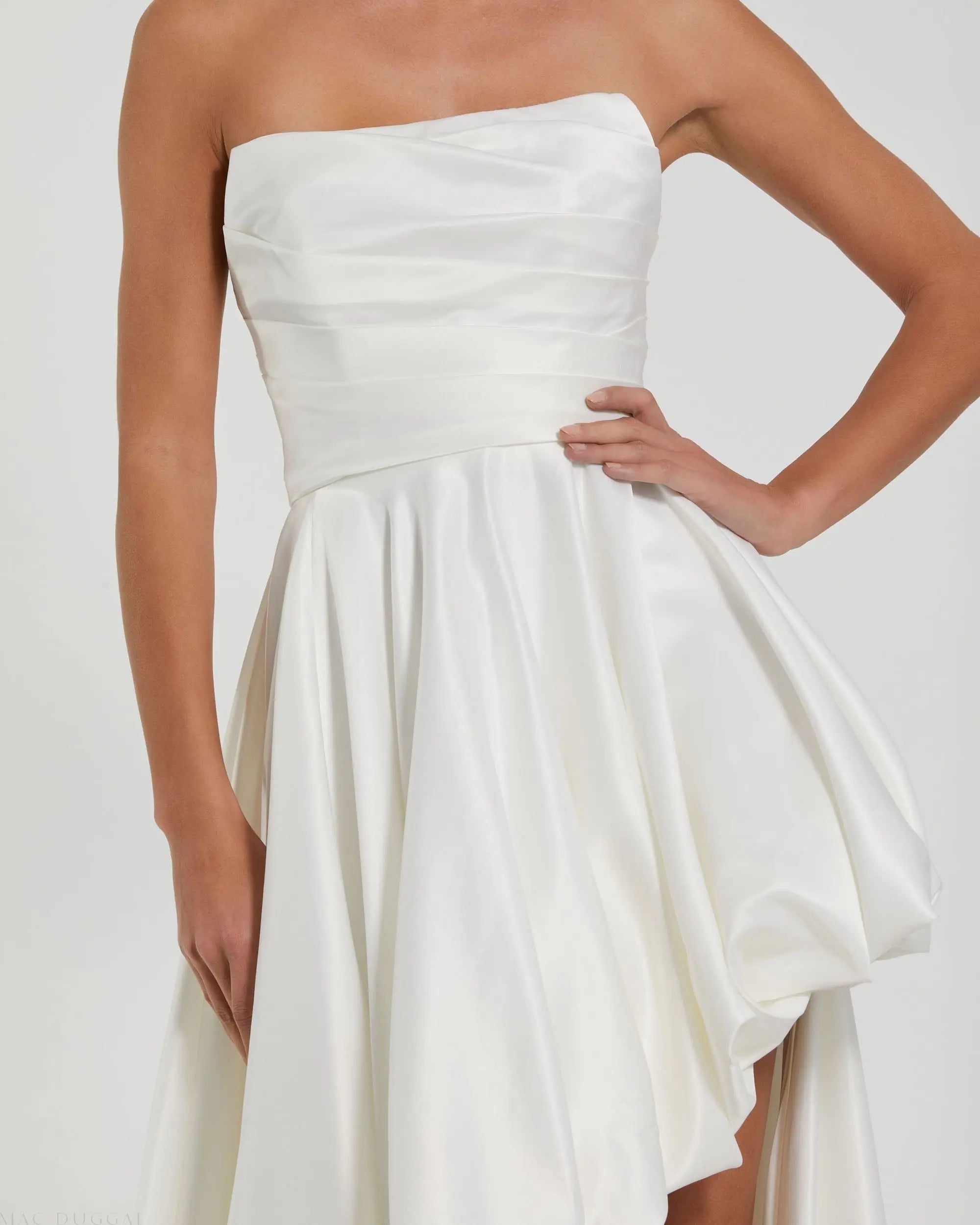 White Strapless Ruched High Low Gown-Myartka